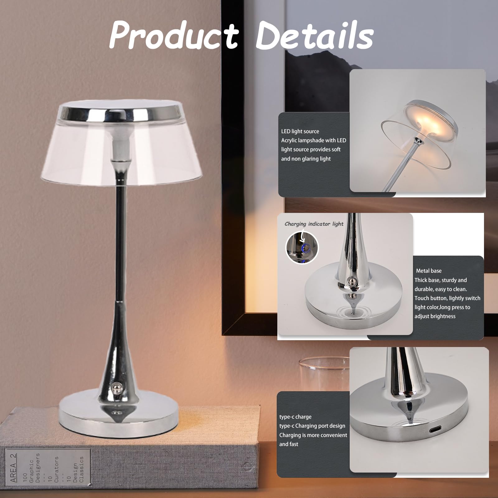 LED Tischleuchte Kabellos Touch Dimmbar Akku Tischlampe USB-C Aufladbar 3 Farbtemperatur Schreibtisch Lampe Nachttischlampe Leselampe 3000K-6000K für Schlafzimmer Restaurant Bar Camping Balkon