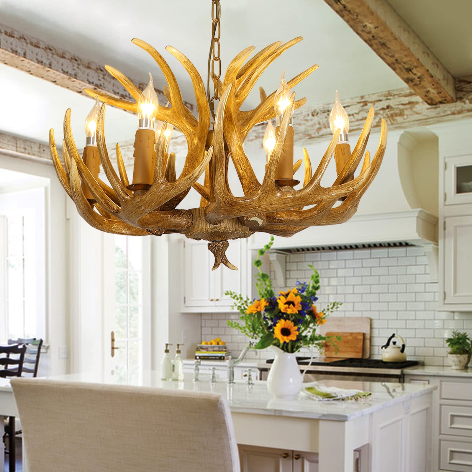 KXEcoLife Antler Chandelier - Rustic Ceiling Light Fixture with E14 Base Stylish Antlers Pendant for Living Room Dining Bar Cabin Decor