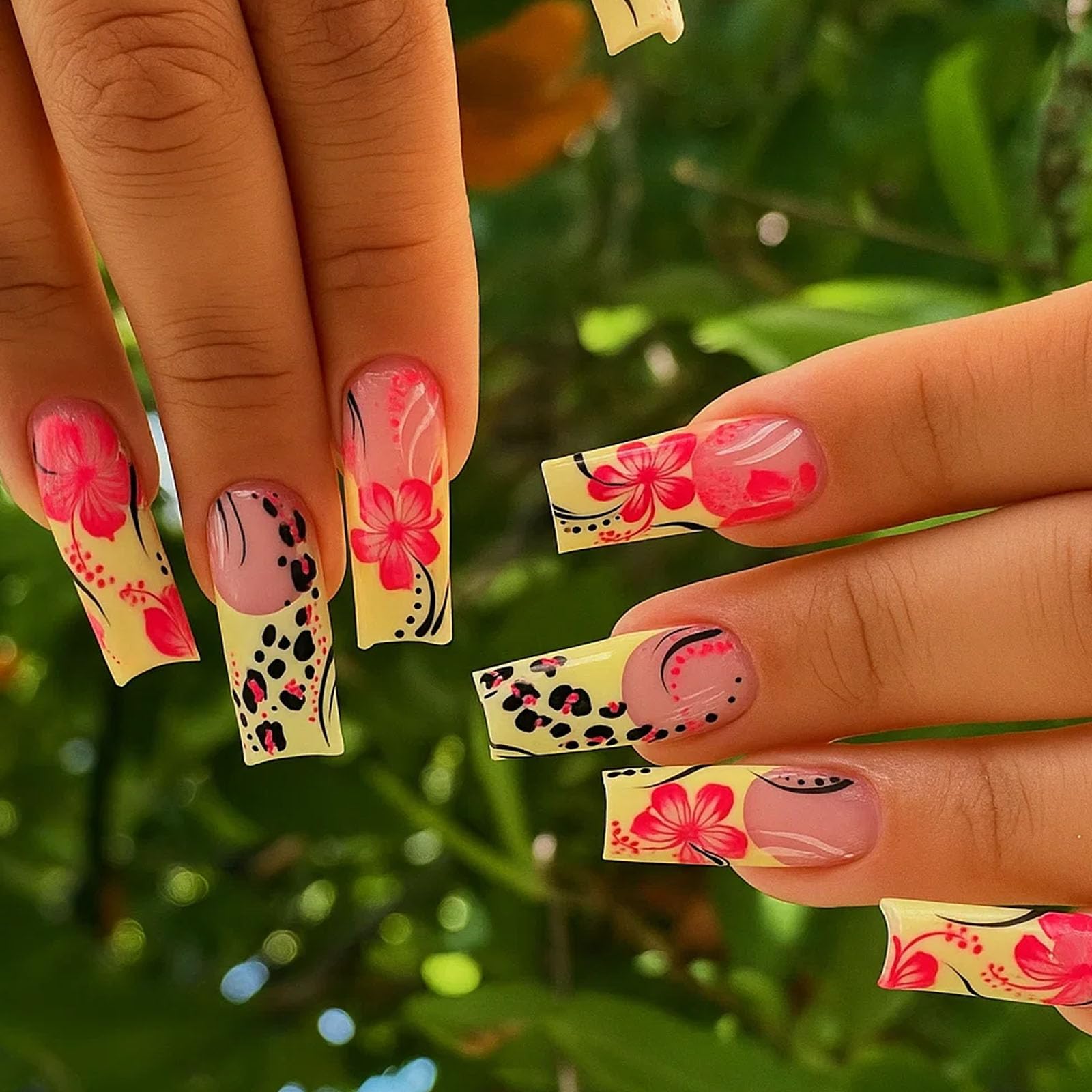 Japanese Floral Design Long Coffin Press On Nails With Pink Blossoms And Black Polka Dots - Image 4