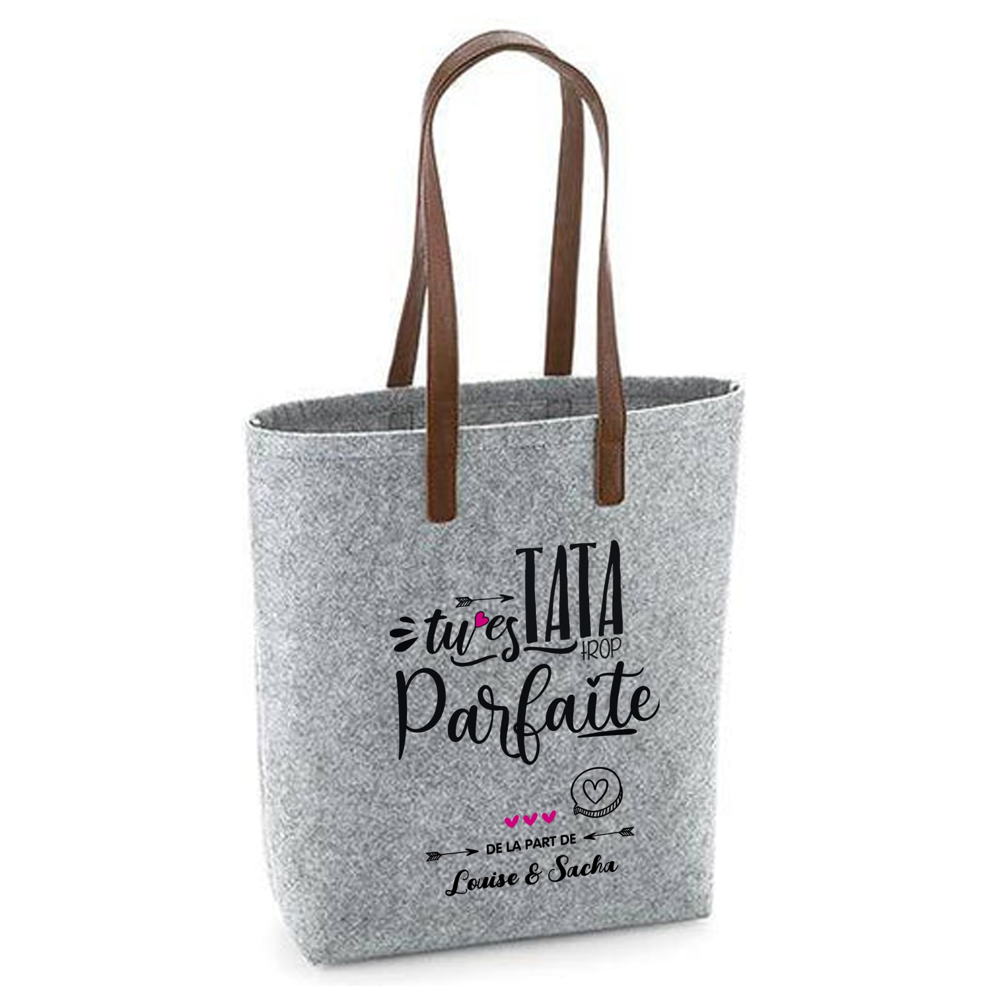 Cadeau - Grand sac en feutre gris et anse en simili cuir marron personnalisé avec prénom - idée cadeau