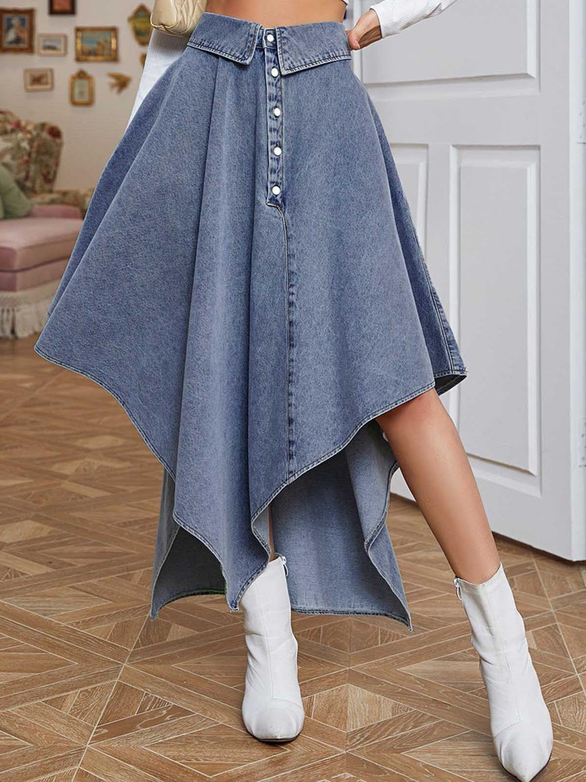 Gonna In Denim A Vita Alta Da Donna,Gonna Midi Casual,Orlo Asimmetrico