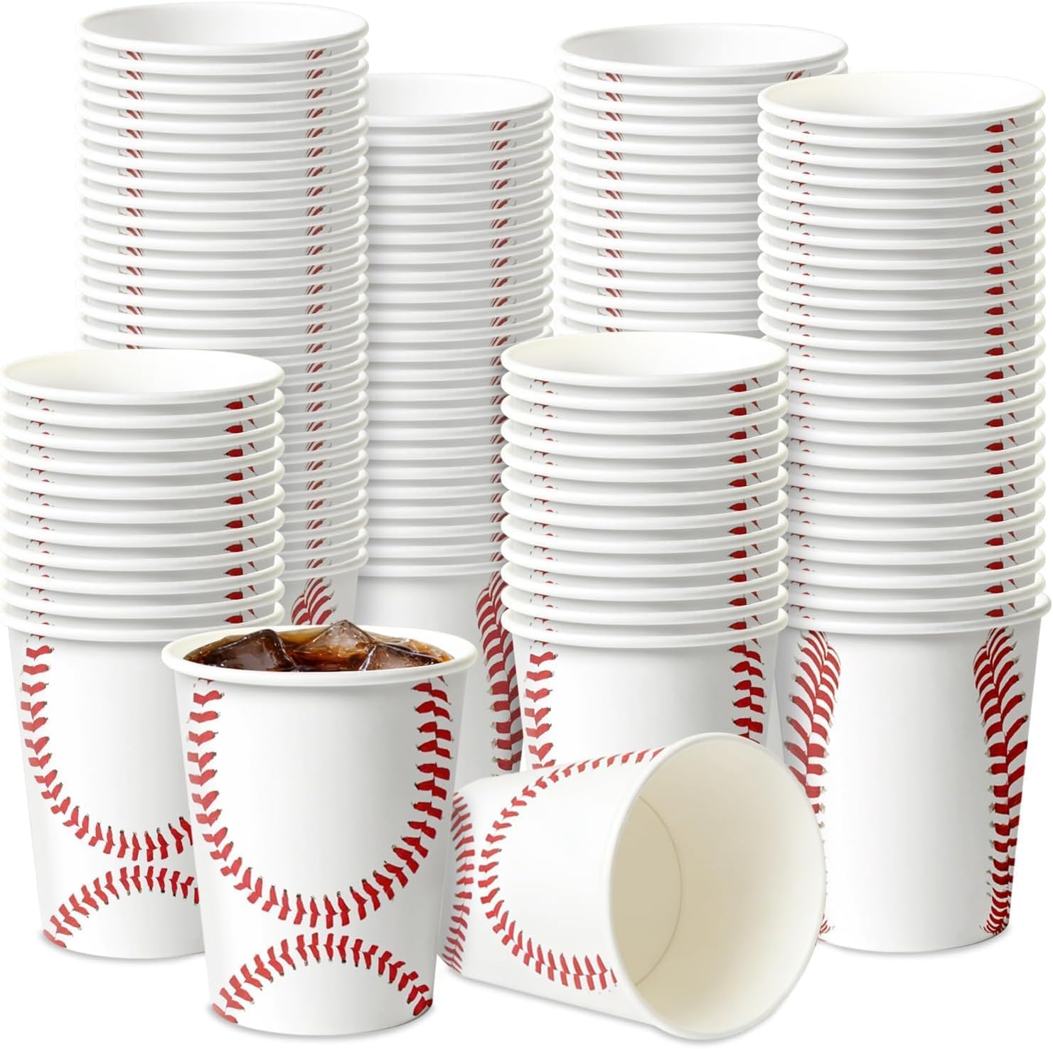 100 Pcs Baseball Cups-9 Oz Red and White Sports Paper Cup for Baseball Birthday Decorations Sports Themed Party Supplies and Favors