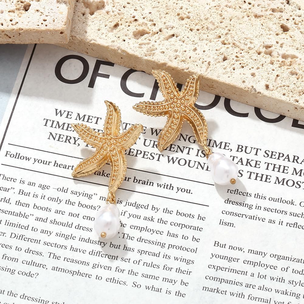 Gold Starfish Pearl Earrings for Women Hawaiian Earring Starfish Dangle Earrings Hypoallergenic 14K Gold Plated Sea Star Earrings Beach Summer Holiday Ocean Jewelny - Size 2.25"L x 1.1"W - Image 5