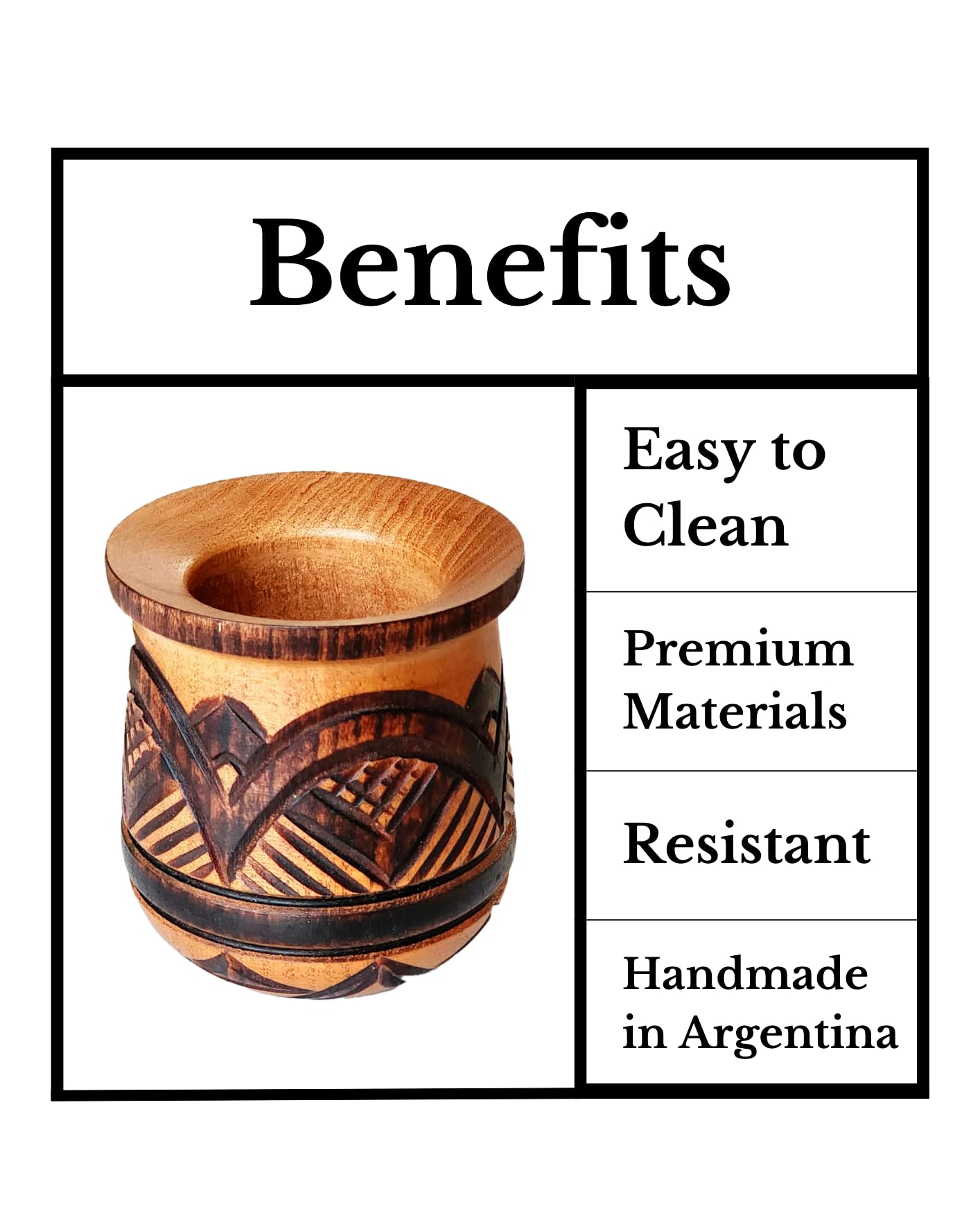 Vaso Mate Argentino Original, Hecho a mano en Madera de Algarrobo Tallado a Mano por Artesanos Argentinos Premium (Tallado a Mano)