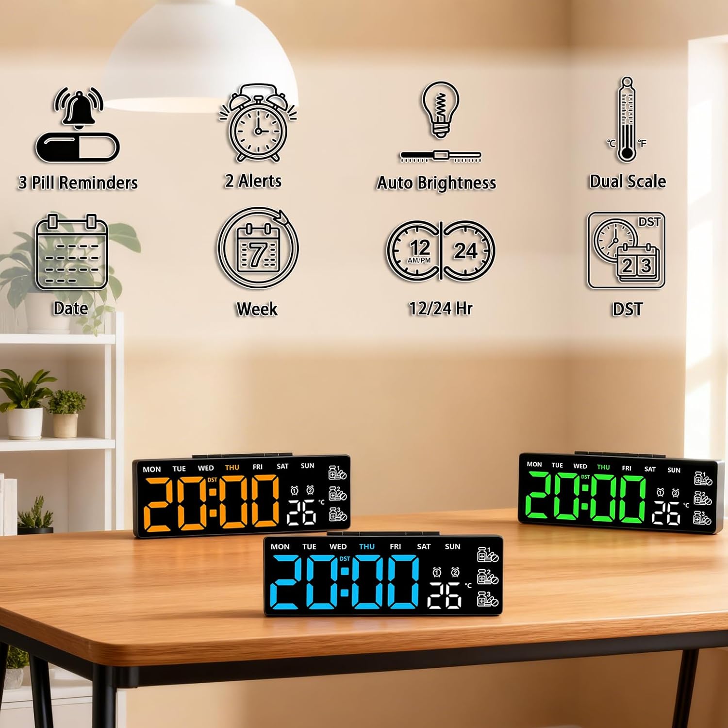 Diagram showing key features of the 45MinST LED Digital Clock including 3 pill reminders, 2 alerts, auto brightness, dual temperature scale, date, week, 12/24 hour format, and DST.