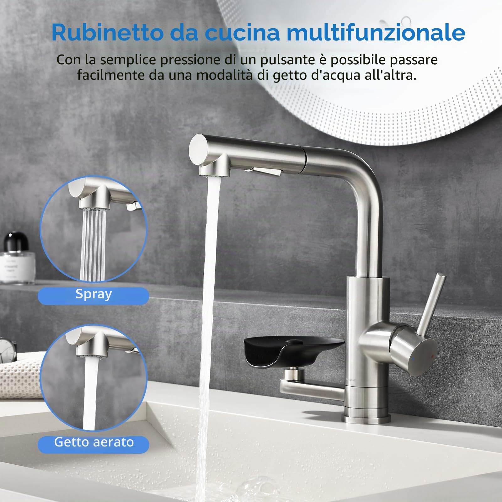 Rubinetto Bagno Lavabo Pulitazza LakeBayMZC,304 Acciaio inossidabile a 360° Estraibile, miscelatore lavabo bagno con 2 tipi di getto d'acqua, Adatto per Rubinetto lavabo, Rubinetti da cucina e bar