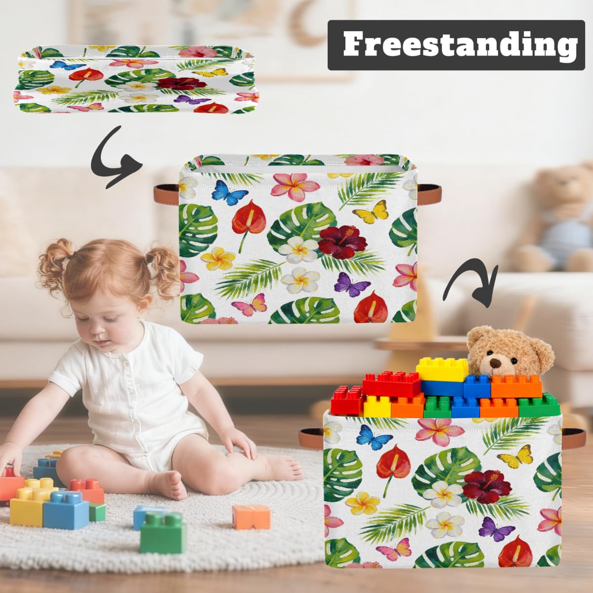 Rechteckiger Aufbewahrungskorb mit tropischen Blumen und Blättern und Schmetterlingen und Ledergriffen, faltbarer Stoff-Aufbewahrungskorb für Schrank, Badezimmer, Wohnzimmer, Büro, Spielzeug