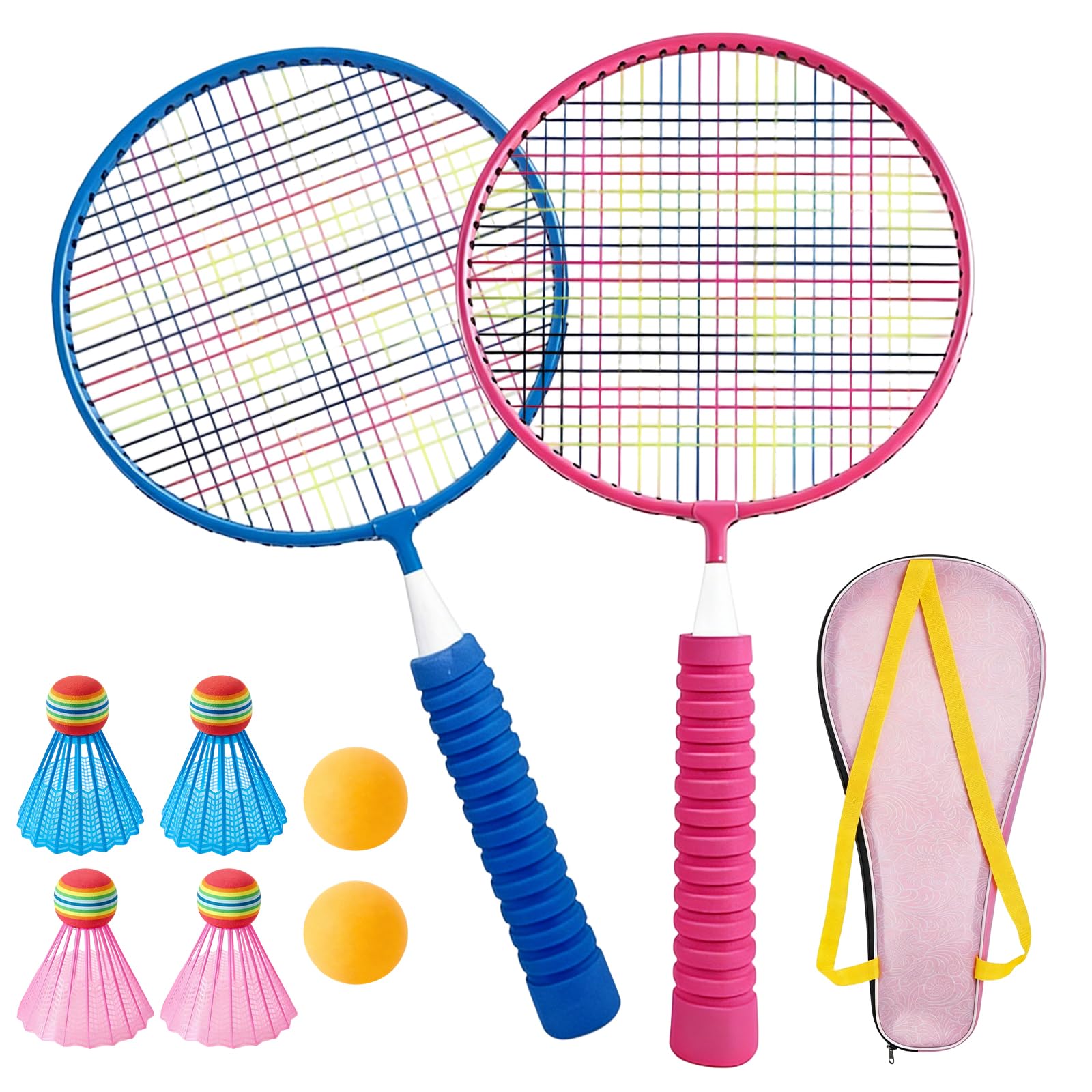 Kids Badminton Set, 1 Pair Kids Badminton Racket, Includes 2 Pink Rackets, 4 Shuttlecocks, 2 Ping Pong Balls and 1 Storage Bag, Kid and Teenager Friendly, Great for Indoor & Outdoor (Pink & Blue)