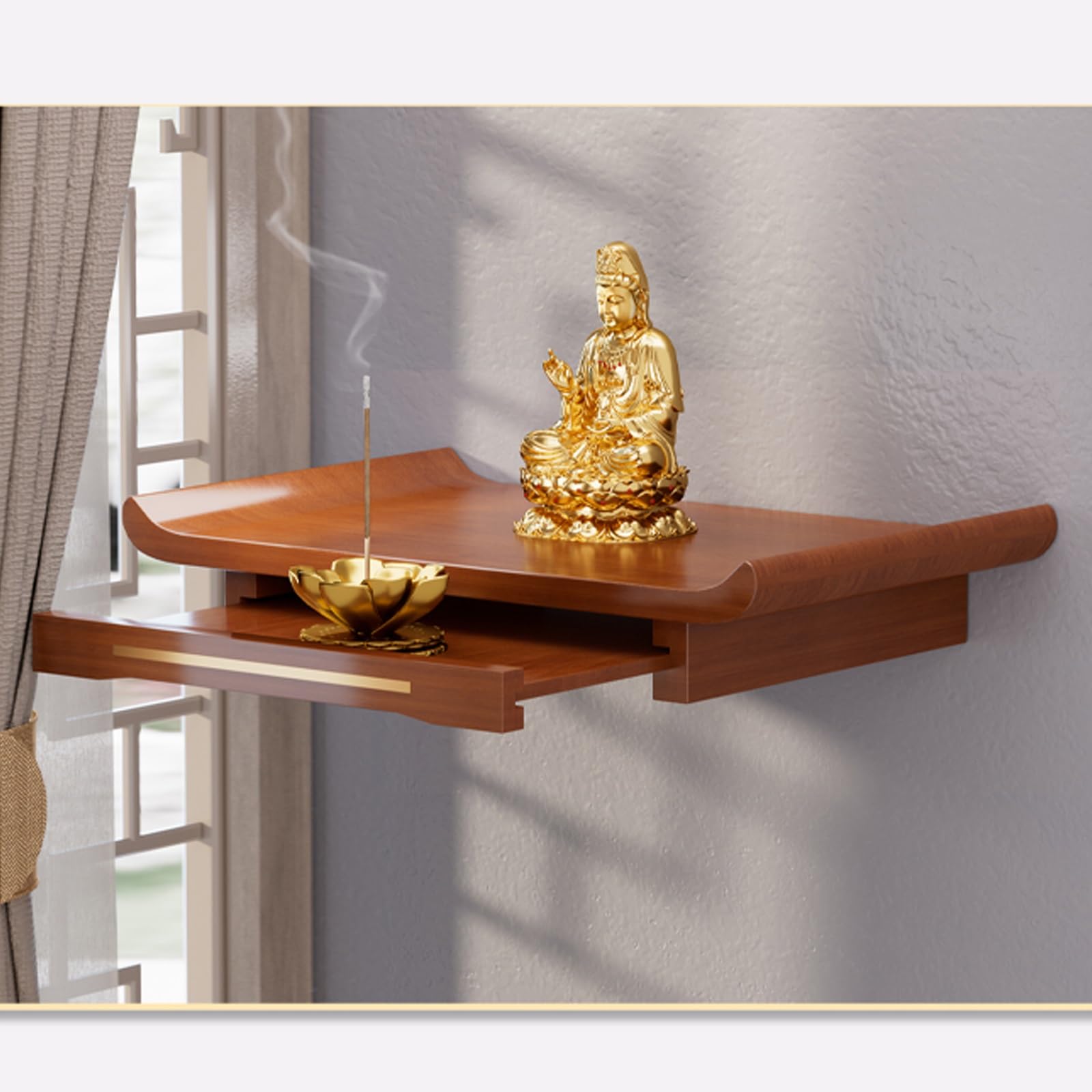 JNTFNE Wall mounted solid wood shrine buddhist altar, Altar Table, Wood Prayer Niche Incense Table,small altar with Drawer Buddha Platform(Walnut,58 * 25cm/22.8 * 9.8in)