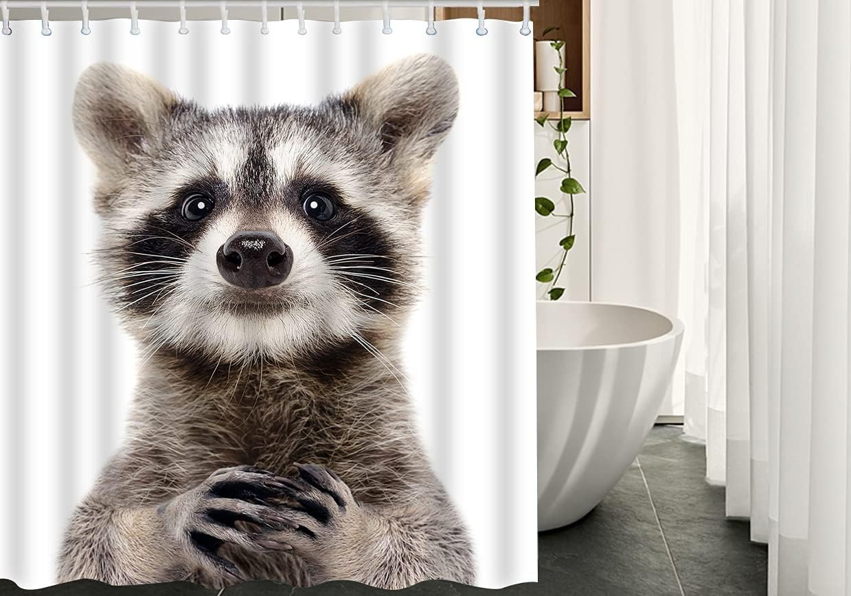 AOYEGO Cute Funny Raccoon Long Shower Curtain with Hooks Isolated Adorable Fluffy Funny Animal Portrait Fabric Shower Curtain Large Polyester 72x84 Inch for Bathrooms Bathtubs