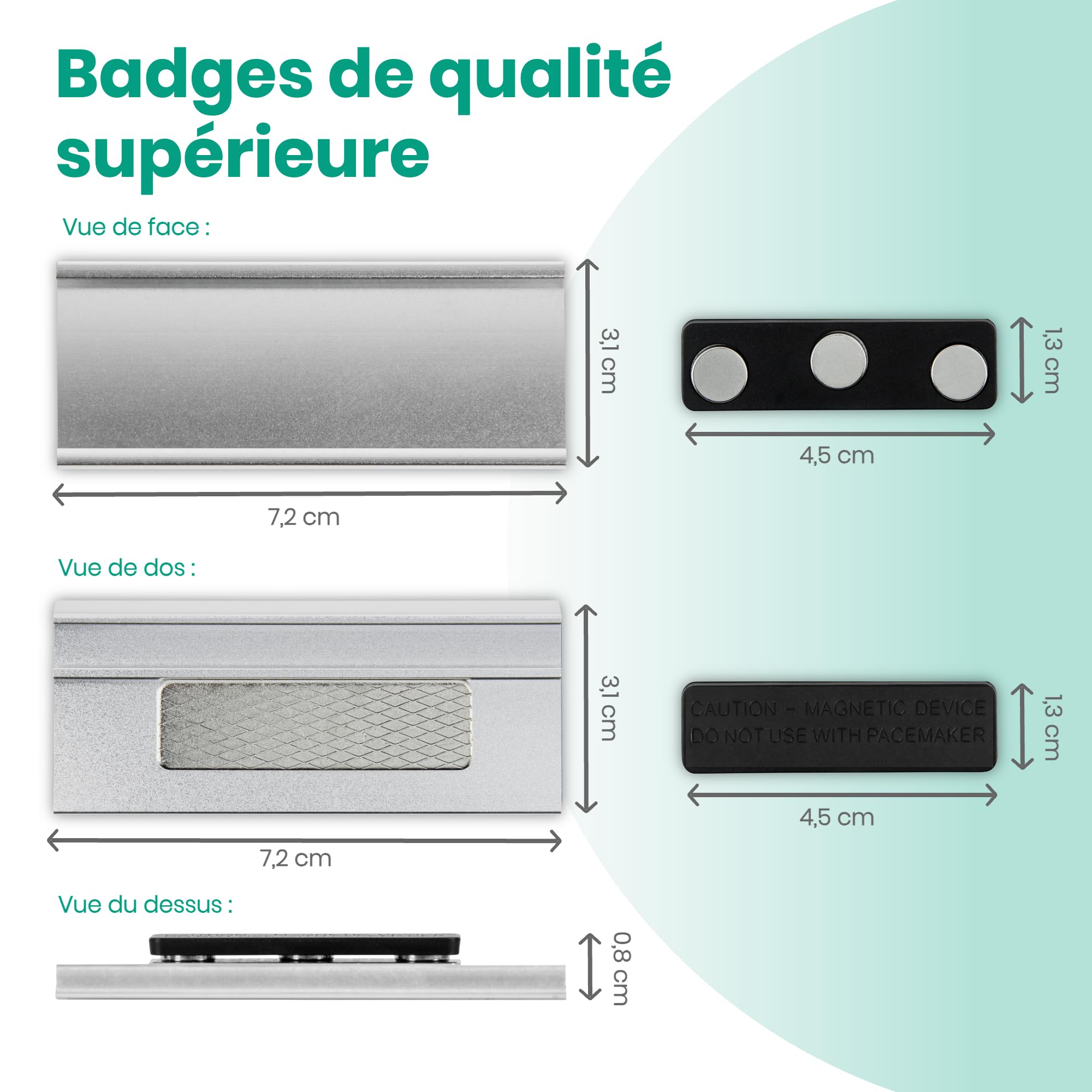 Badges nominatifs magnétiques (Lot de 20) – 3 aimants puissants N40 – Porte-badge aimanté en aluminium – Idéal pour foires et conférences – Modèle de badge personnalisable imprimable – 72x31mm