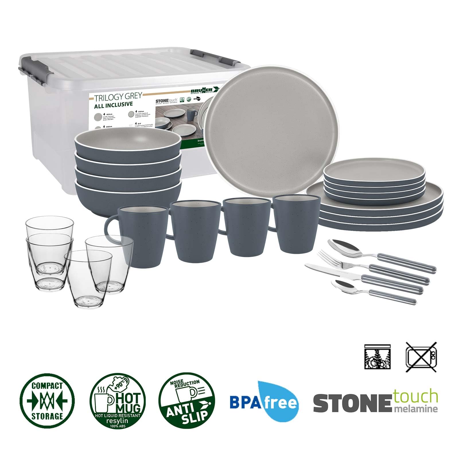 BRUNNER: Melamin Geschirr-Set Camping | 36-tlg - Teller, Becher, Besteck, Gläser für 2-4 Personen | TRILOGY GREY All Inclusive - Kratzfest, Hochwertig+edel | Steingutoptik + Porzellanhaptik | AntiSlip
