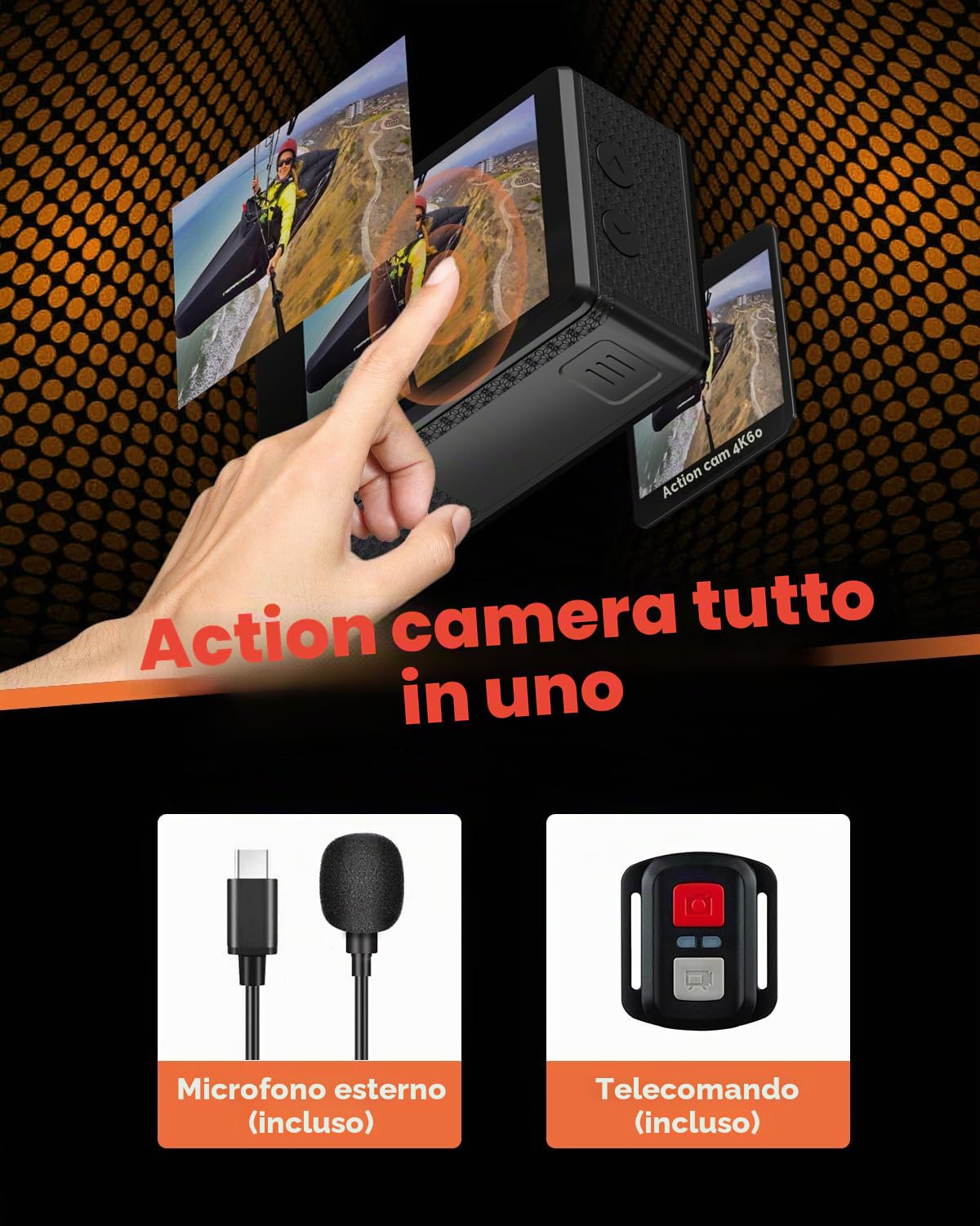 4K 60FPS Action Cam con 64GB SD Card, Touchscreen Pre-Recording 24MP Videocamera Fotocamera Subacquea 131FT Telecamera Moto 170° Telecamere Sportive con 2 * 1350mAh Batterie Kit Accessori Casco