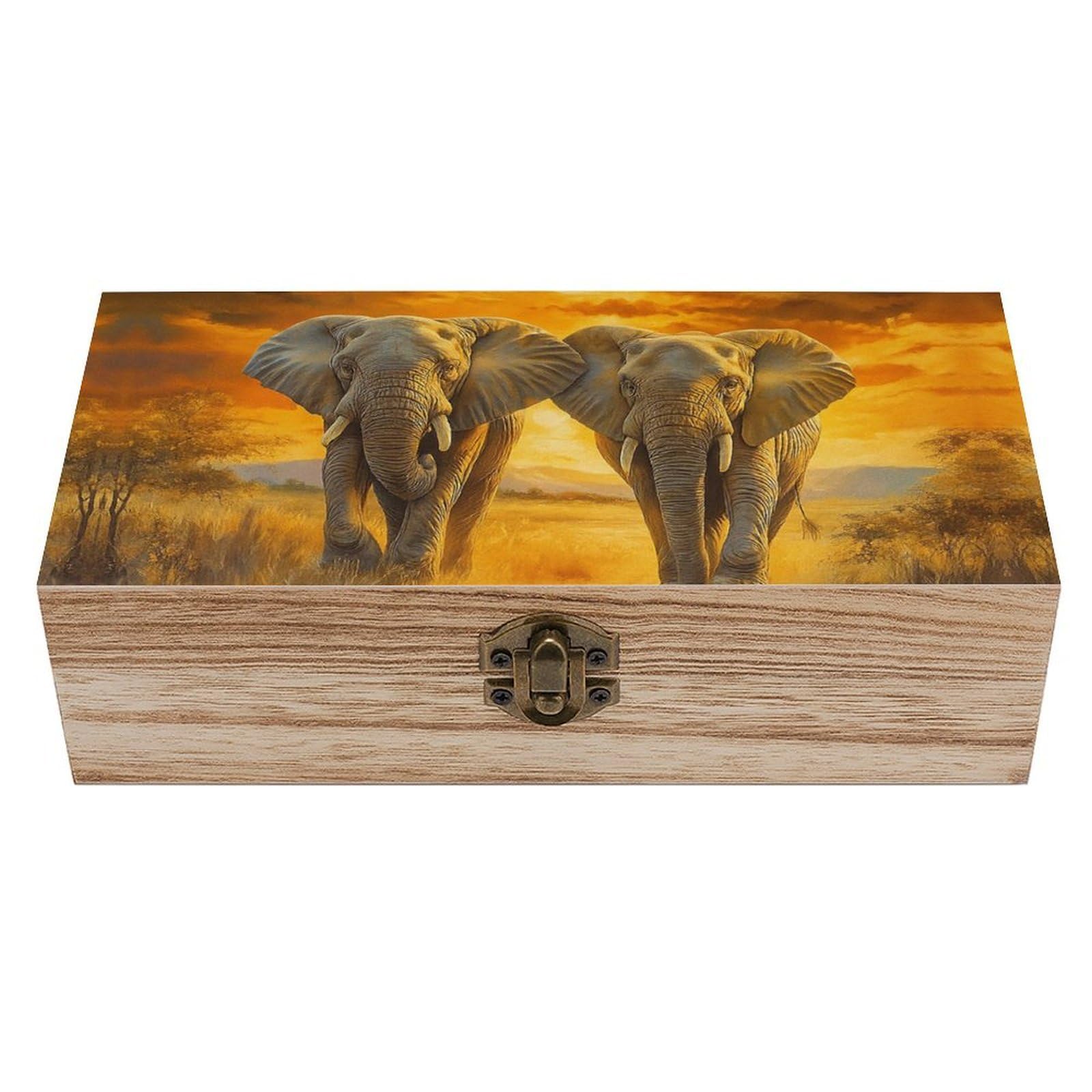 SMAZDFXX Majestic Two Elephants at The Sunset Wooden Storage Box Multipurpose Decorative Box for Jewelry Photo Home Decor