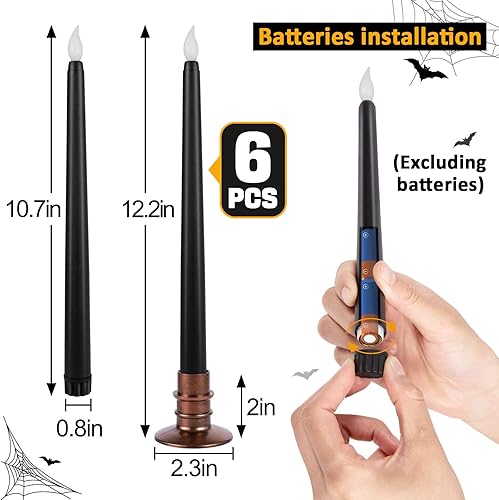 Miniatura 7 de Paquete de 6 velas negras de Halloween, velas LED sin llama con bases, llama parpadeante, velas altas cónicas que funcionan con pilas, velas sin