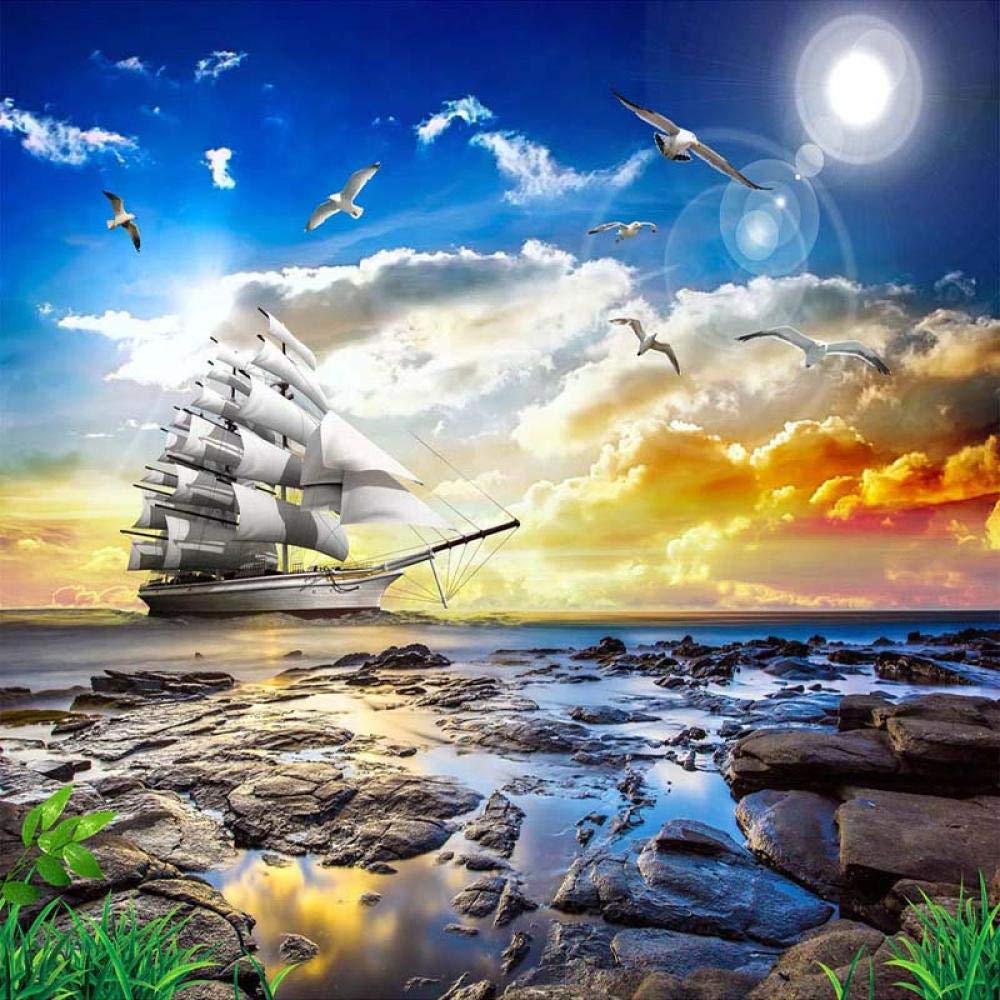 Amazon | カスタム写真の壁紙 3D 海の見えるカモメ帆船日の出風景画