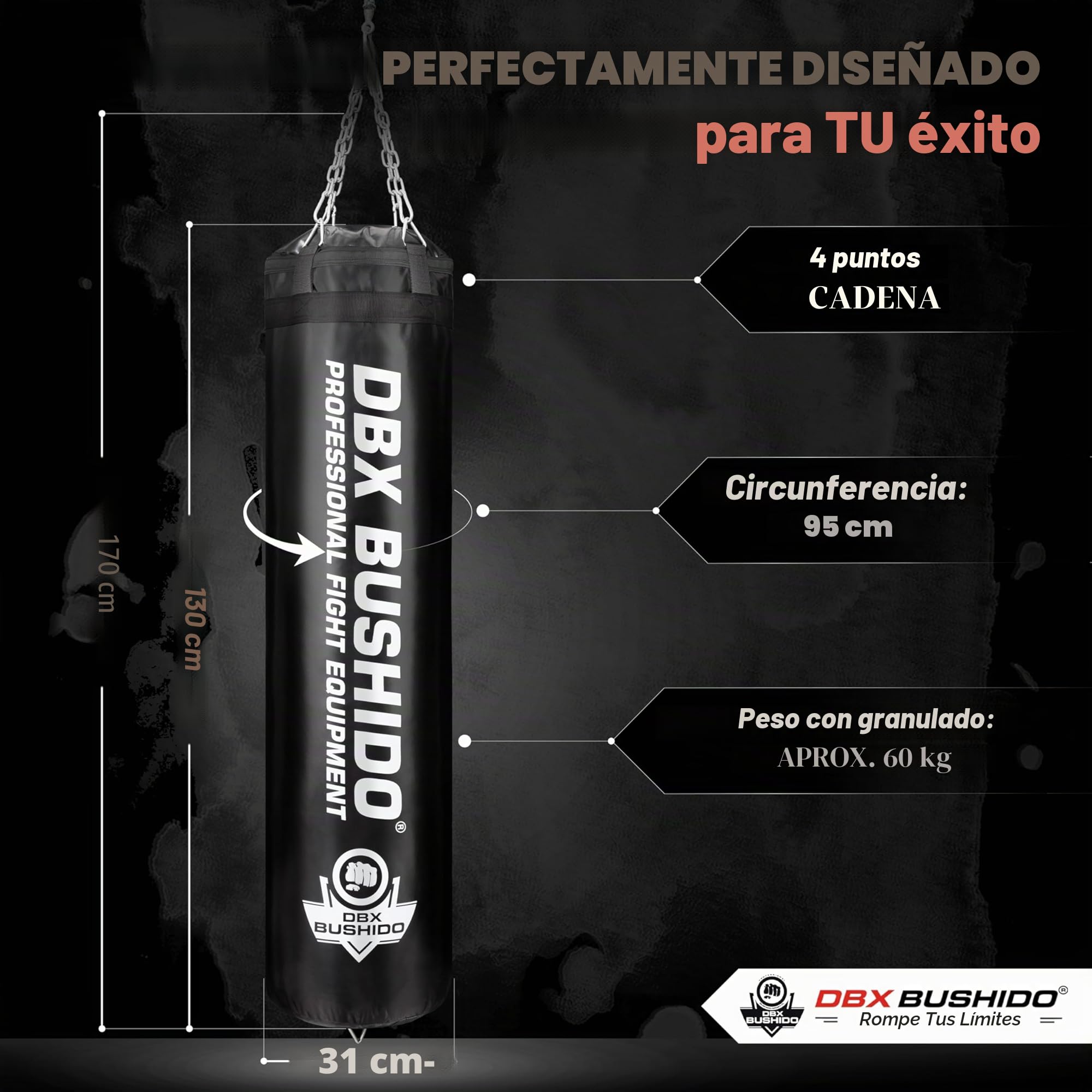DBX BUSHIDO SPORT Saco de Boxeo Relleno con gránulos de Goma, 130 cm, Saco de 60 kg, Entrenamiento de Boxeo y Kickboxing, Bolsa de Punching…