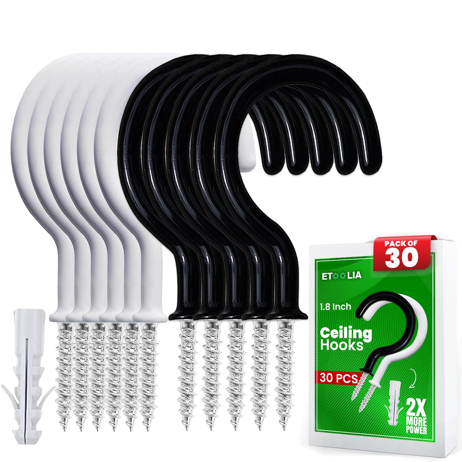 100-Pack White Ceiling Hooks – Vinyl Coated Screw Hooks For Hanging Plants, Mugs, Lights & More – Includes Anchors