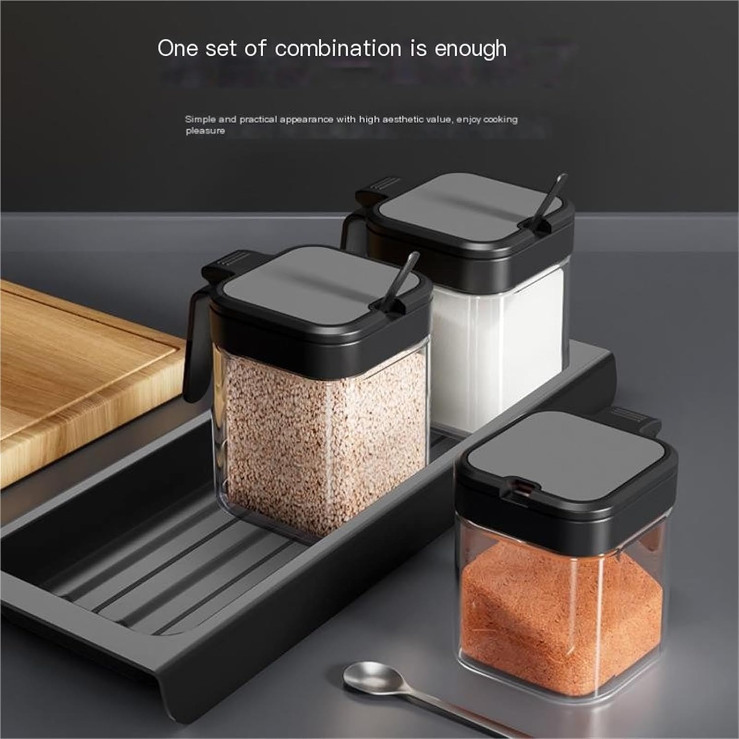3-pack stainless steel transparent seasoning box with stainless steel spoon and base container for coffee bar countertop kitchen home use
