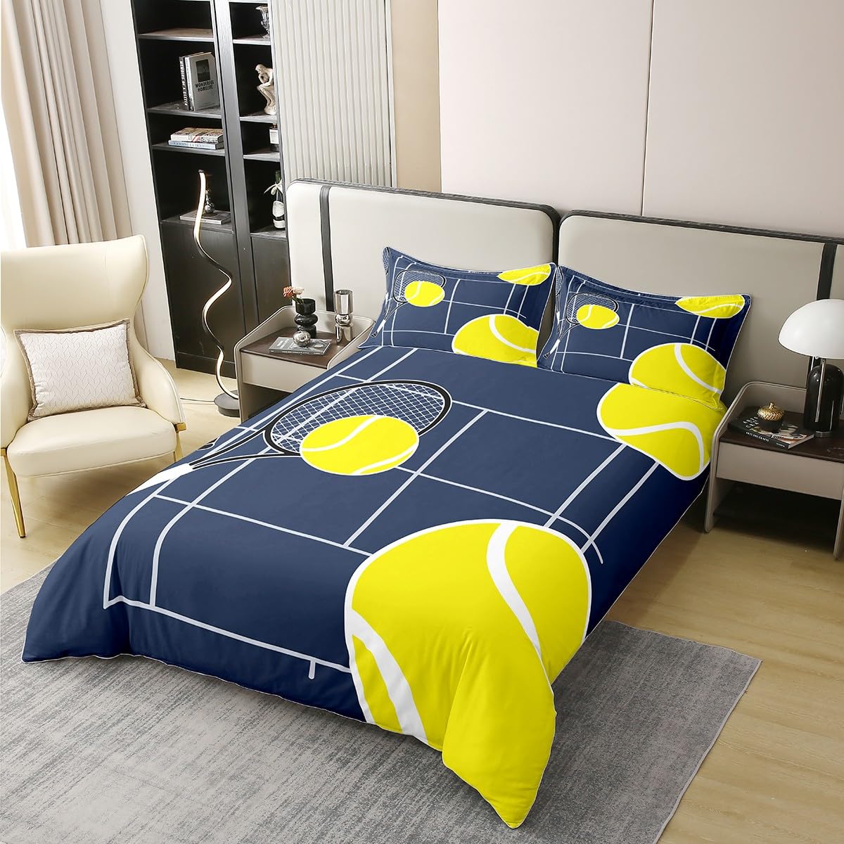 Homemissing Jungen Tennis 100% Baumwolle Bettwäsche Set 135x200cm Ball Spiel Navy Blue Bettbezug für Kinder Mädchen Sport Thema Betten Zimmer Dekor