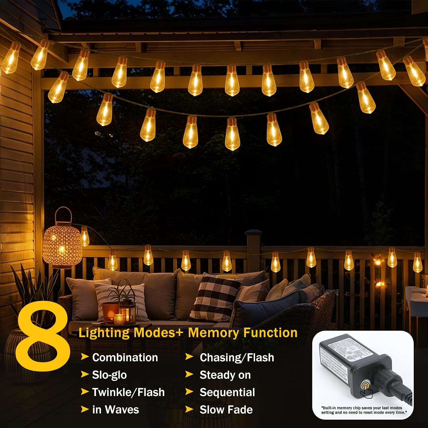 (New) Outdoor String Lights, 24FT 20 LED Hanging Bulbs Lights, IP65 Waterproof 8 Modes Plug-in Shatterproof Patio Globes Lights with Rope Hemp String for Backyard Balcony Camping Bistro - Warmwhite image 4