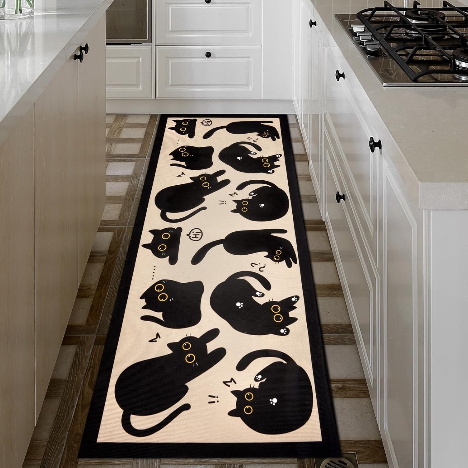 Cat Rug for Kitchen, 59x 23 Inch Black Cat Kitchen Rugs Non Slip Washable Rug for Floor, Cute Rugs for Kitchen, Living Room, Indoor & Outdoor