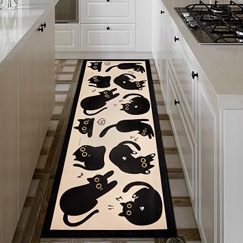 Black Cat Mat, Cute Kitchen Mats for Floor Non-Slip Rug for Indoor & Outdoor, Doormat Cute Rug for Kitchen & Living Room Decor Machine Washable 47x19inch