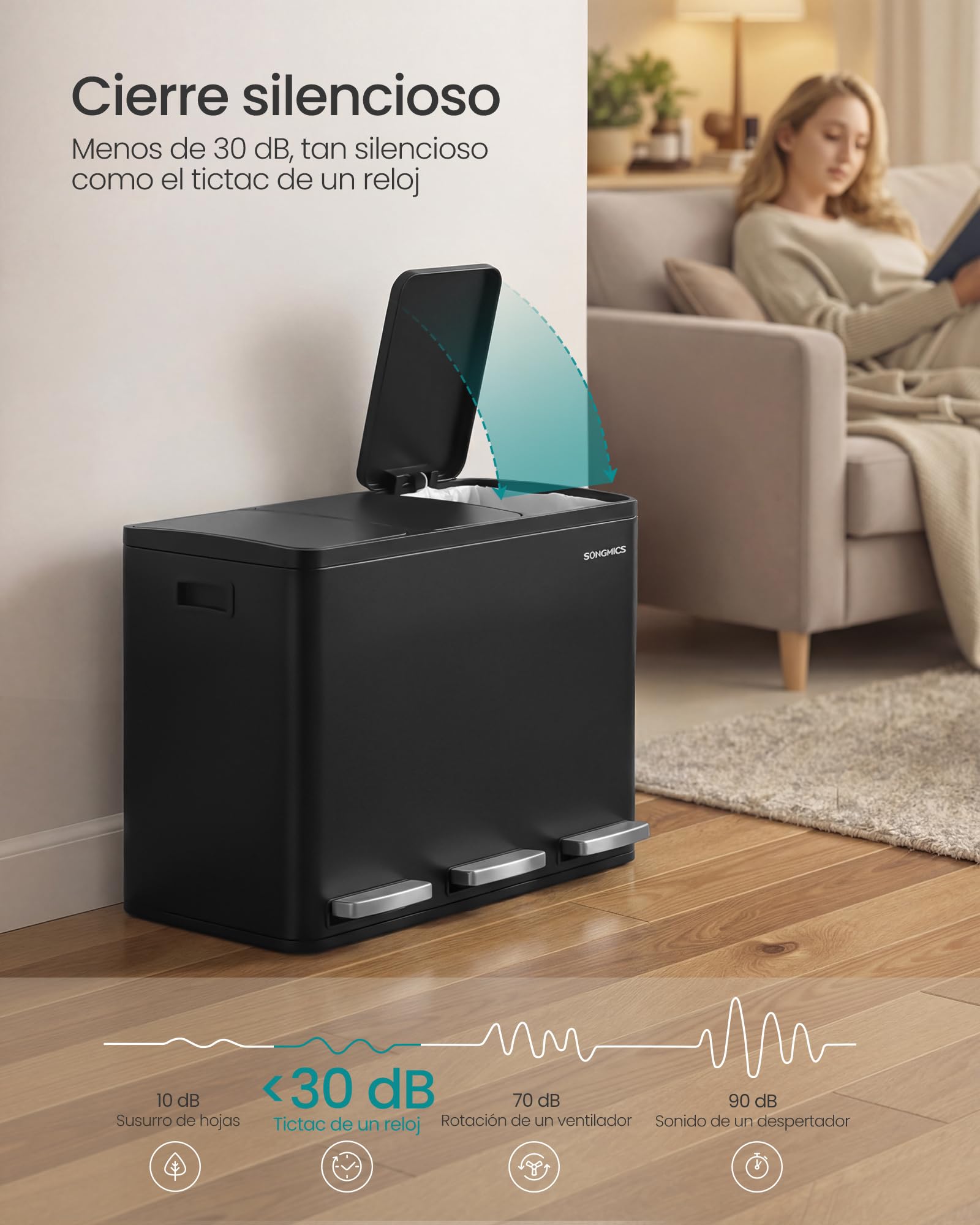 SONGMICS Cubo de Basura de Cocina de 3 x 15 L, con 3 compartimentos, 15 Bolsas, Cubos Extraíbles, Tapa, Asas, Cierre Suave, Acero, Negro Tinta LTB145BZ02