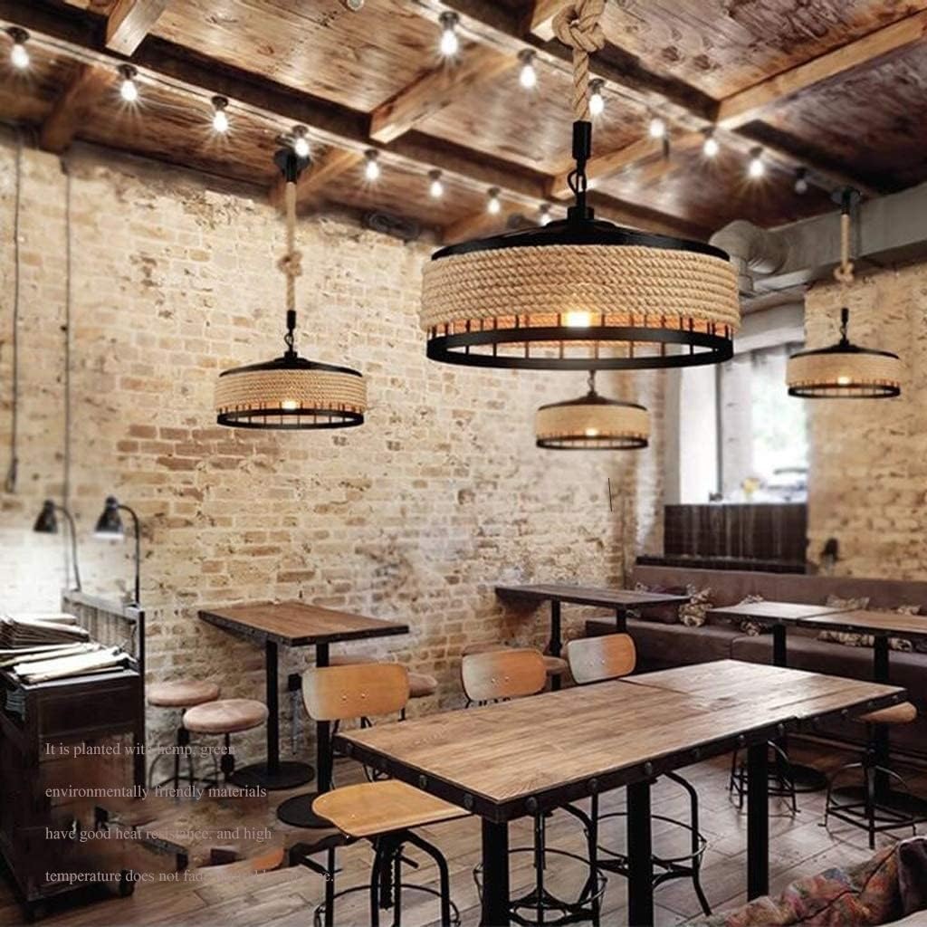 Lampadario a Sospensione Rustico in Corda di Canapa, lampadario Rotondo Industriale in Ferro battuto, lampadario Vintage da Fattoria per Isola Cucina, Sala da Pranzo, Arredamento l