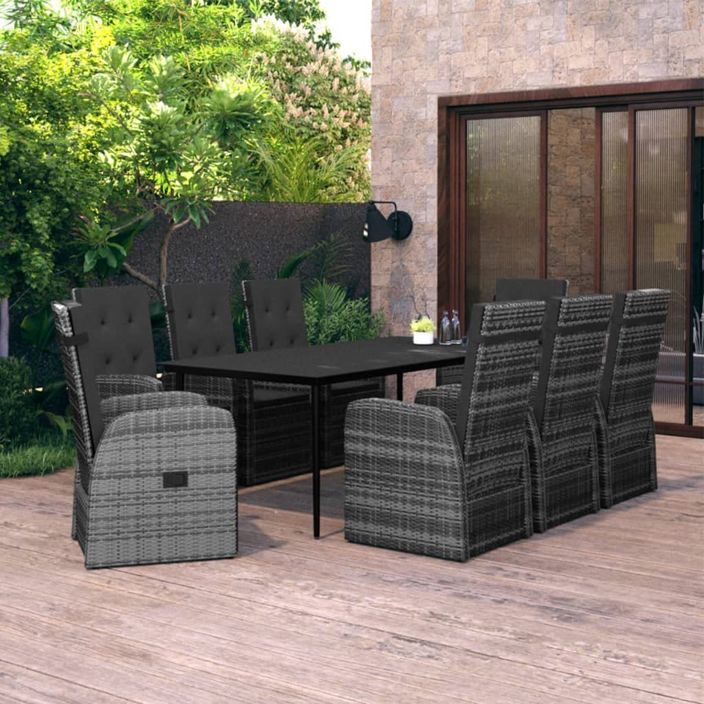 Hothingwell Conjunto de comedor de jardín de 9 piezas gris con cojines | Marco de acero con recubrimiento en polvo, resina trenzada resistente al agua, respaldo y reposapiés ajustables