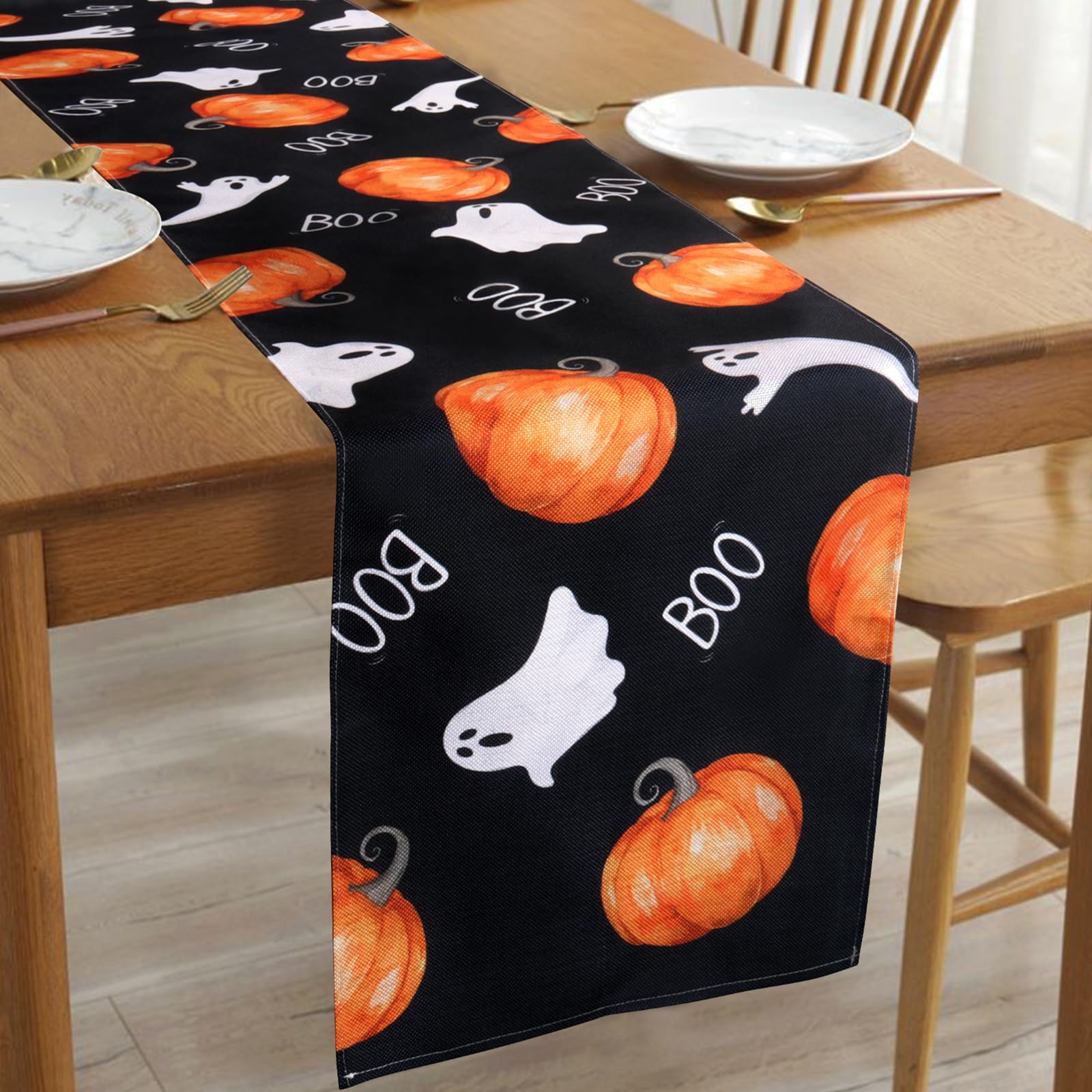 Fowecelt Halloween Tischläufer Kürbisse Geist: 33 X 183cm Gespenstisch Boo Schwarz Tabelle Läufer für Herbst Urlaub Küche Essen Halloween Party Dekoration