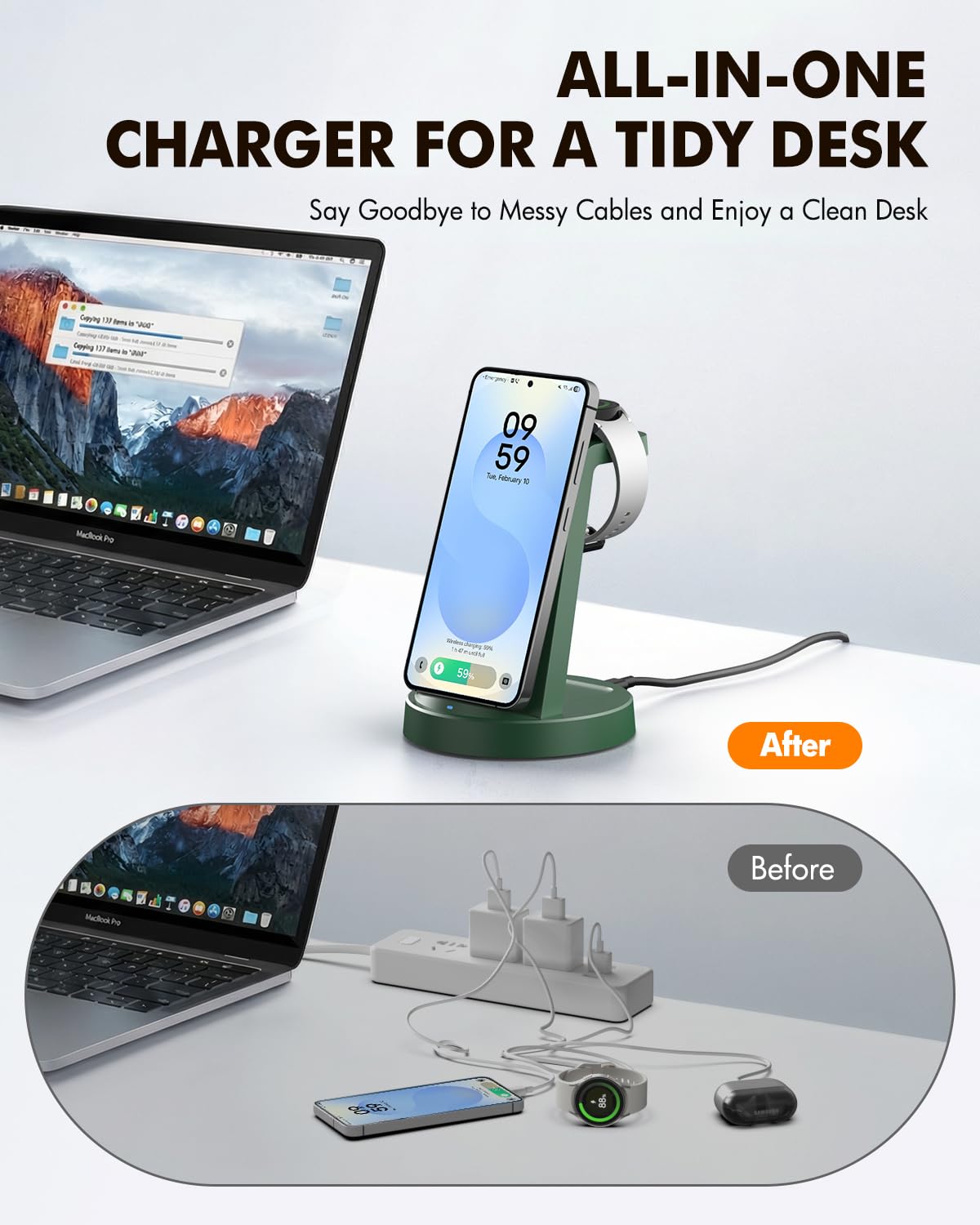 15W Fast Wireless Charger for Samsung: 3-in-1 Charging Station for Samsung S26/S25/S24/S23/S22, Note 20/10, Z Fold 6/5, Galaxy Buds 4/3/2 Pro, Galaxy Watch Ultra/8/7/6/5,Dark Green