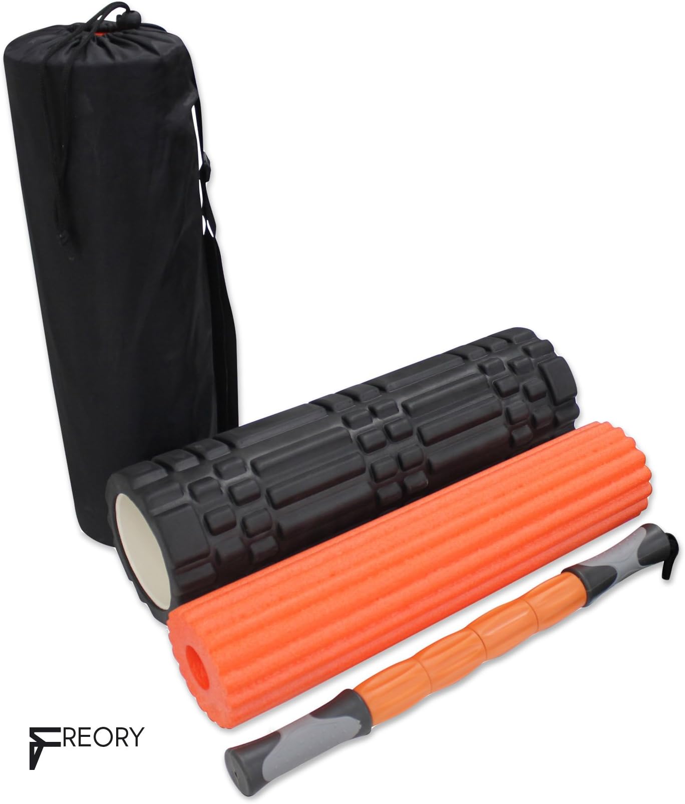 3 in 1 - Large 18 Inch Trigger Point Foam Roller for Myofascial Release, Best Foam Exercise Roller with High Medium Density Foam Deep Tissue Massage Stick (Black & Orange)