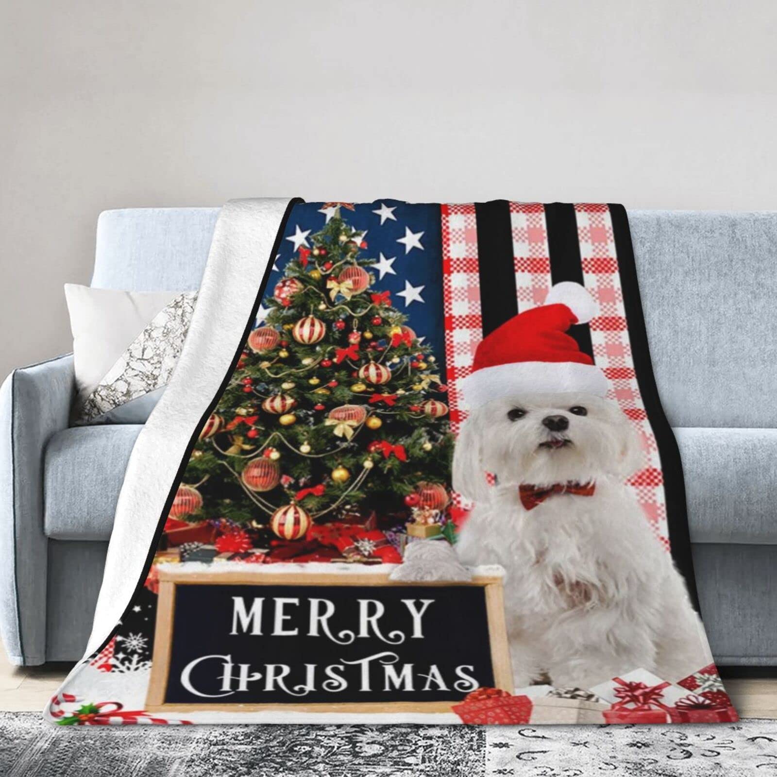 Lsjuee Christmas Flannel Fleece Blanket 40"X30" Merry Christmas Maltese Sofa Throw Blanket Quality Ultra-Soft Travel Winter Blankets for Adult Keep Warm