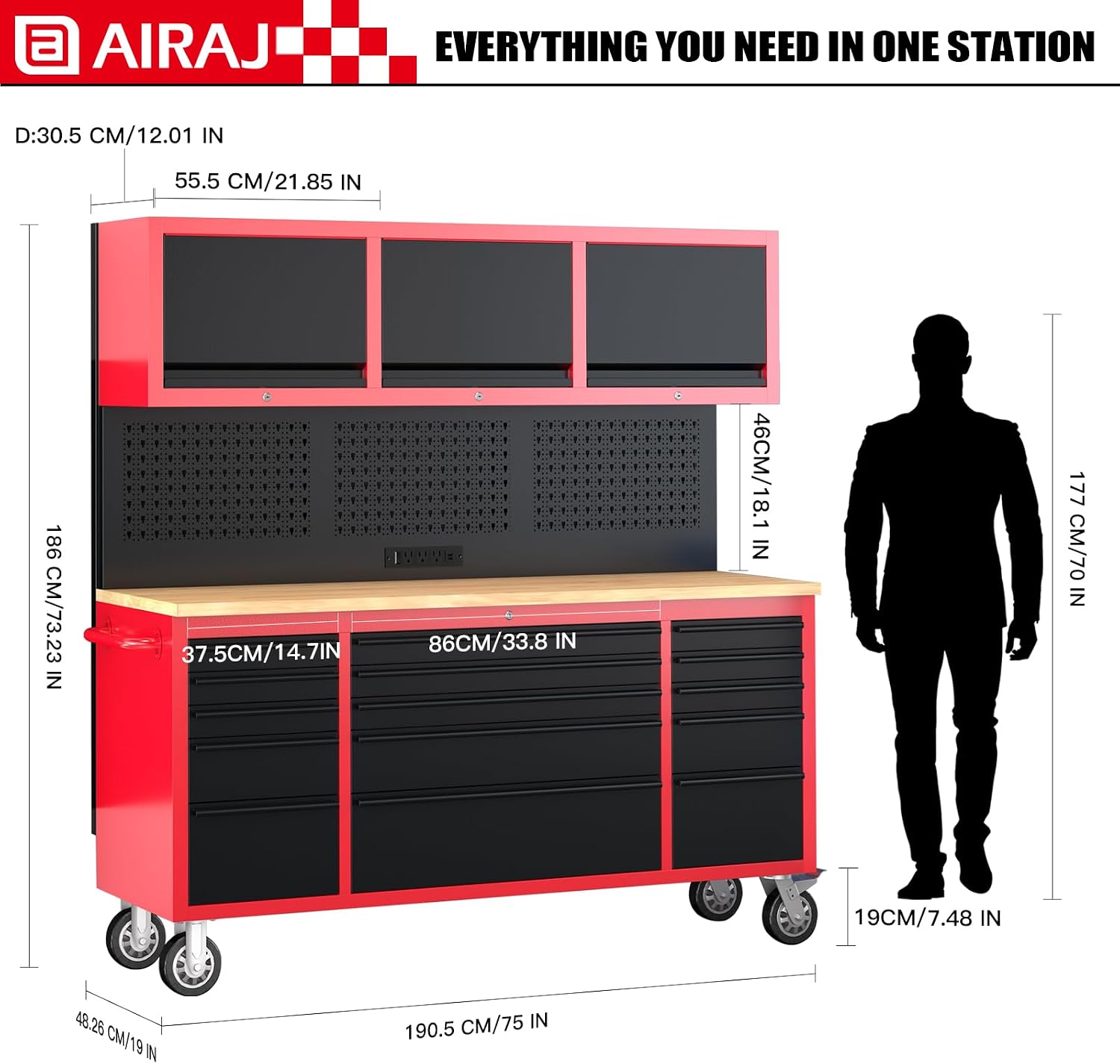 AIRAJ 72" Heavy Duty 15-Drawer Rolling Tool Chest with Workbench, Top Cabinets & Pegboard with Built-in Power Outlet, Mobile Tool Cabinet on Wheels for Garage, Auto Repair Shop & Industrial Workshop