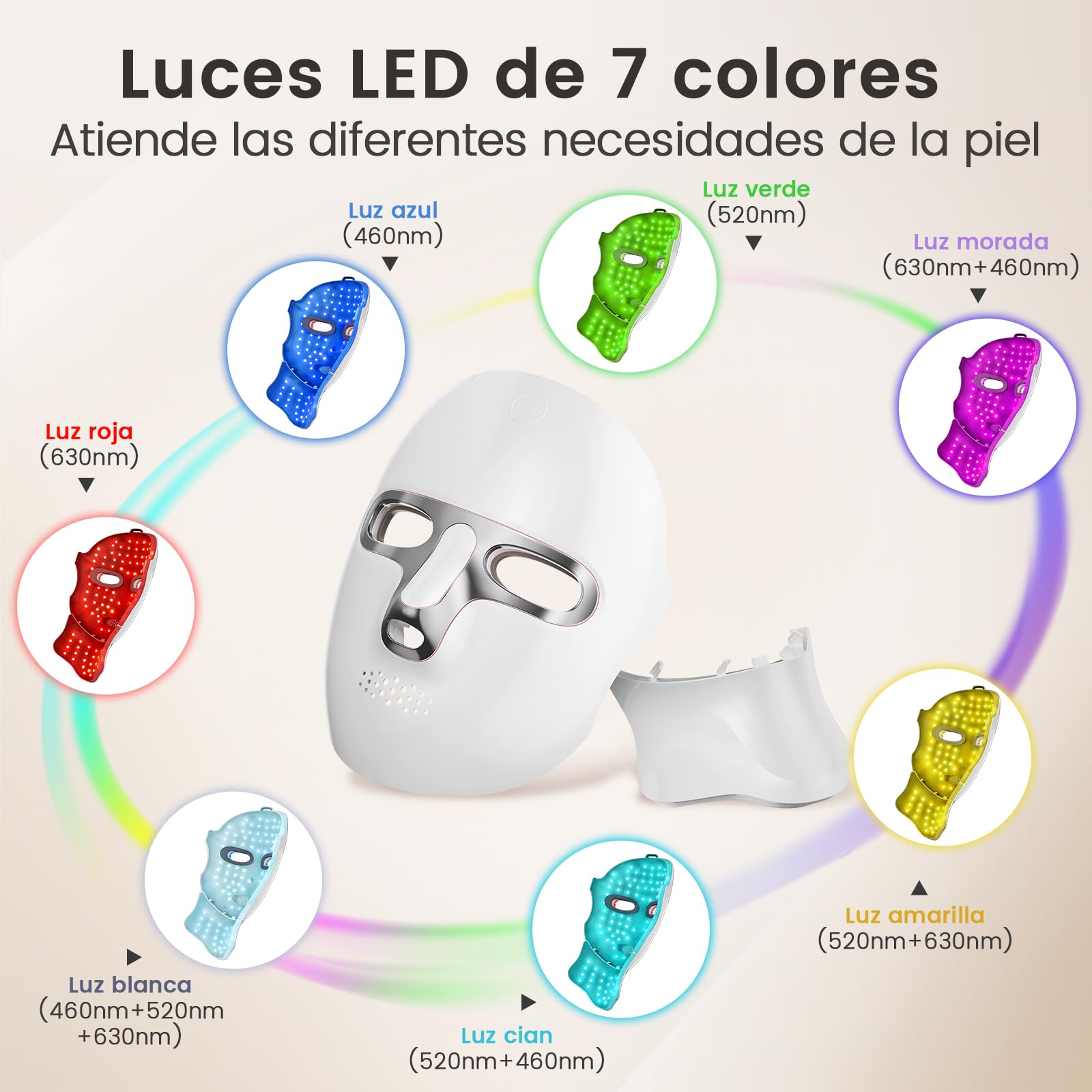 Máscara LED para Cara y Cuello Recargable USB-C con 7 Modos de Luz Diseño Inalámbrico para Uso Diario Hogar Viajes Yoga (Plata)