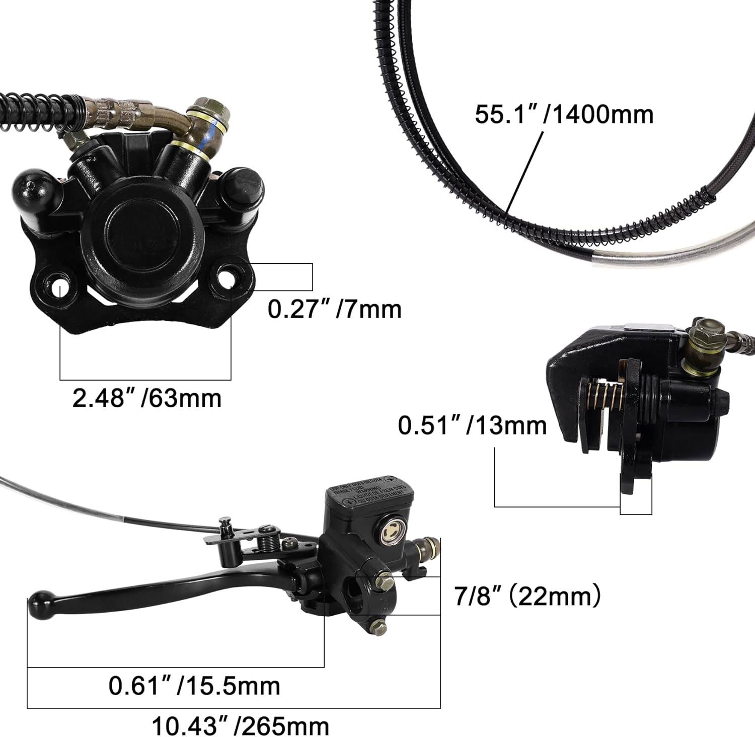 RUTU Brake Master Cylinder Caliper Left Hand Rear Mini Bike Brake Kit, 53" Brake Hose Brake Pads 160mm Disc Brake, Compatible with Kazuma Roketa BMS Taotao 50cc, 70cc, 90cc, 110cc, 125cc ATV, Black