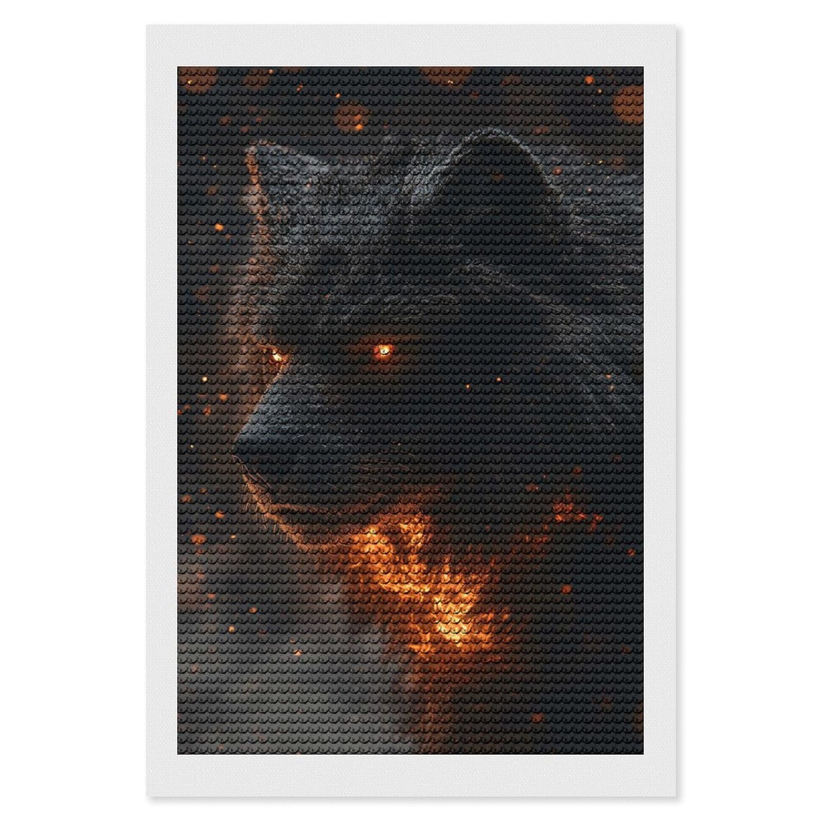 Junmoney Fiery Wolf with Glowing Eyes DIY Diamond Art Canvas Kit 8"x12", Adhesive Canvas, Easy to Enjoy, Farmhouse Decor, Festive Craft Gift