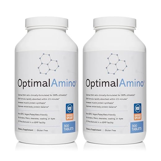 OptimalAmino Tablets Fitness Bundle (600 Count) | 99% Utilized Essential Amino Acid (EAA) Supplement | Increase Muscle Recovery, BCAA Protein Pre/Post Workout, NSF Certified for Sport® Certified