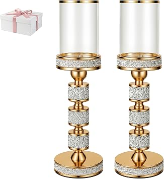 Hurricane Candle Holder, 15.9" Tall Metal Candle Stand, Glass Pillar Holder | Crystal Candle Holders for Table Centerpieces, Home Decor, Wedding, Dining Table