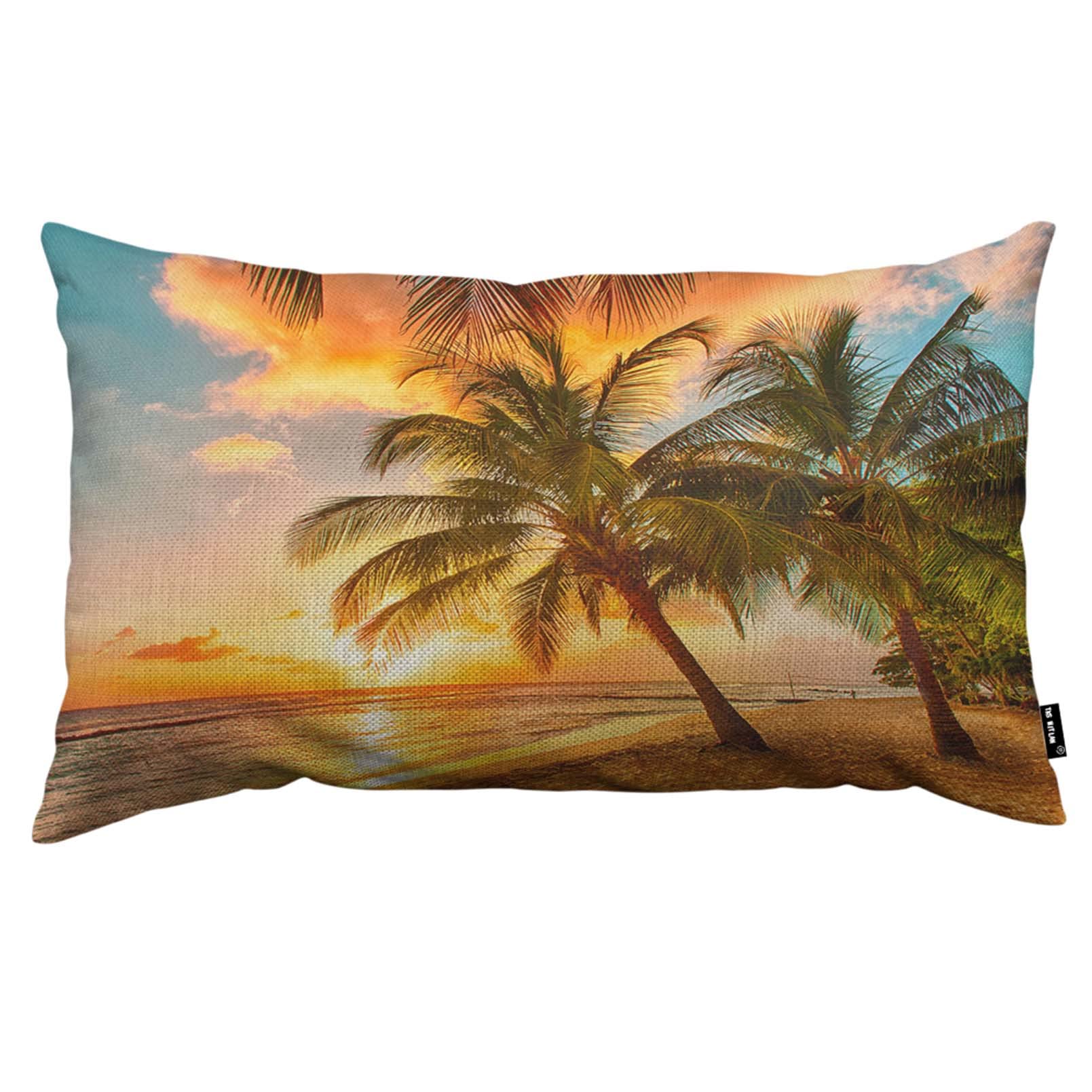 TKS MITLAN Tropical Palms Decorative Pillow Covers Sunset with Palm Tree on The Beach Linen Couch Bed Sofa Car Waist Cushion Cover 12 x 20 inch