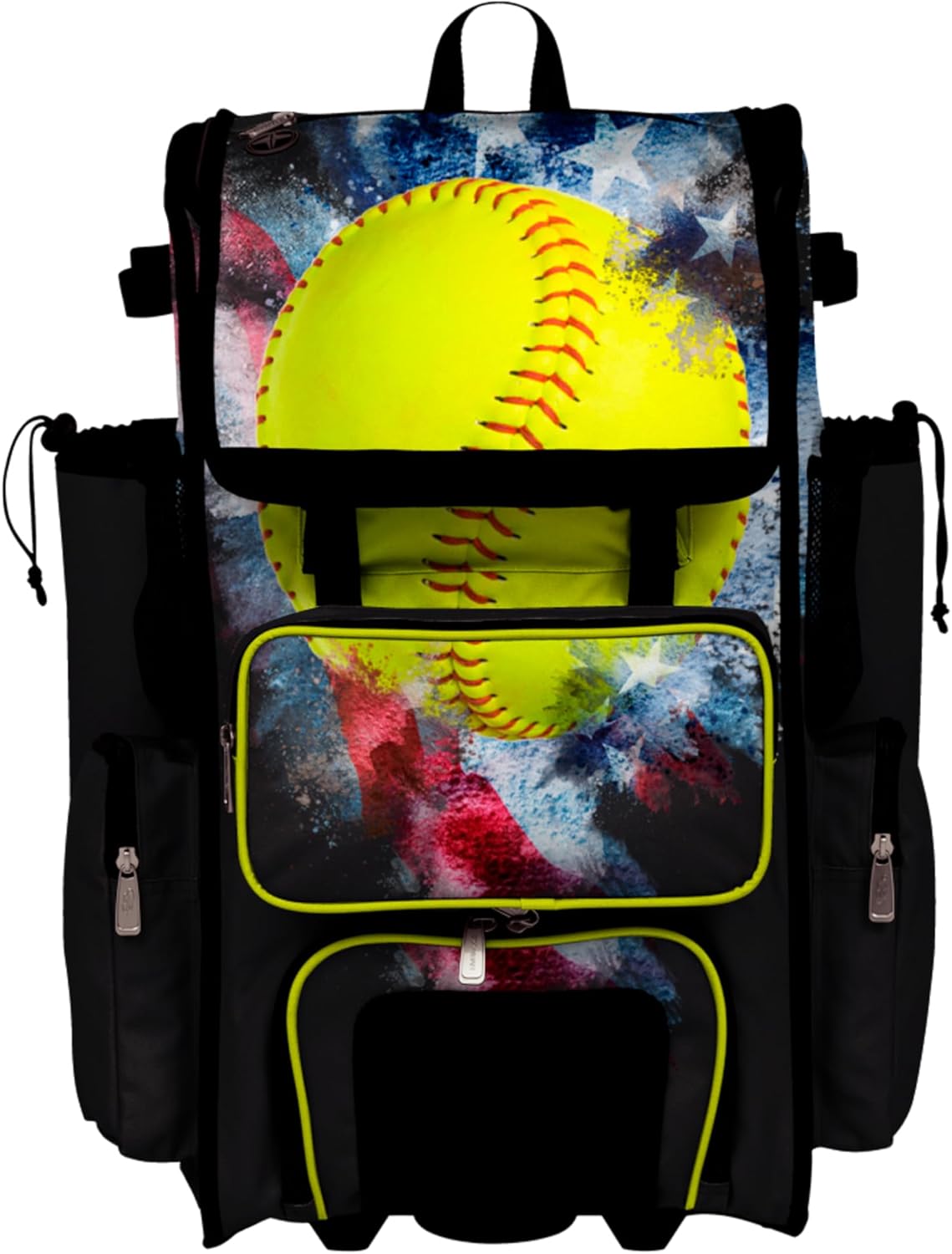 Boombah Rolling Superpack Baseball/Softball Gear Bag - Telescopic Handle - Holds 4 Bats - Wheeled Version - USA Softball Vintage Black/Red/Optic Yellow
