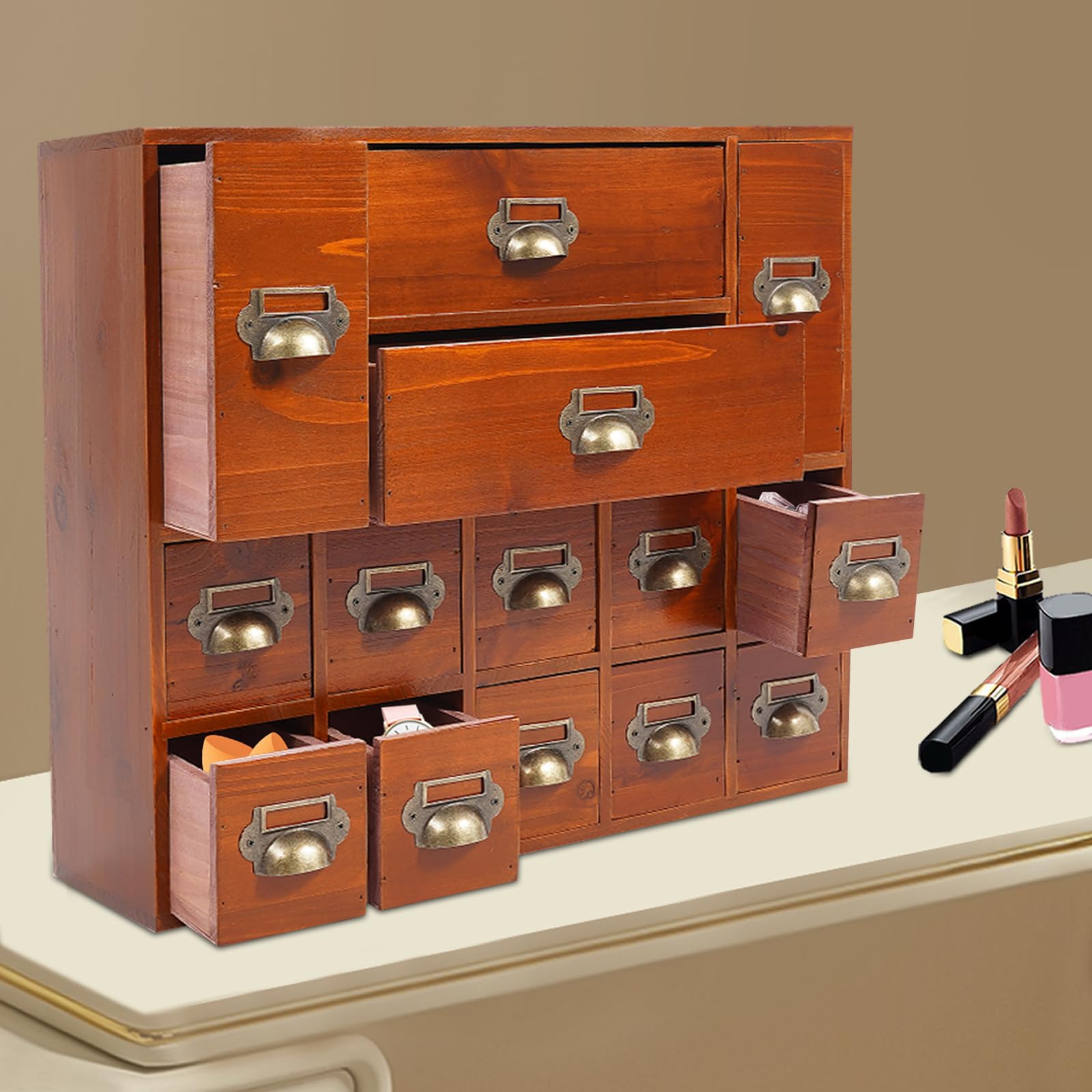 Schubladenschrank,Holz Schreibtisch-Organizer mit Schubladen,Tisch-Schubladen-Organizer,14 Schubladen in 3 Verschiedenen Größen,Vintage-Stil