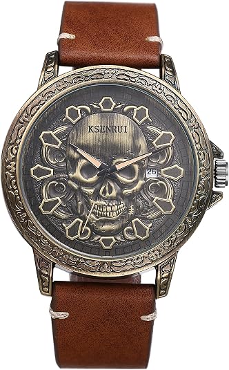 JewelryWe Punk Skull Leather Watches: Cool Round Analog Quartz Calendar Watch Mens Gothic Leather Wristwatch for Father's Day