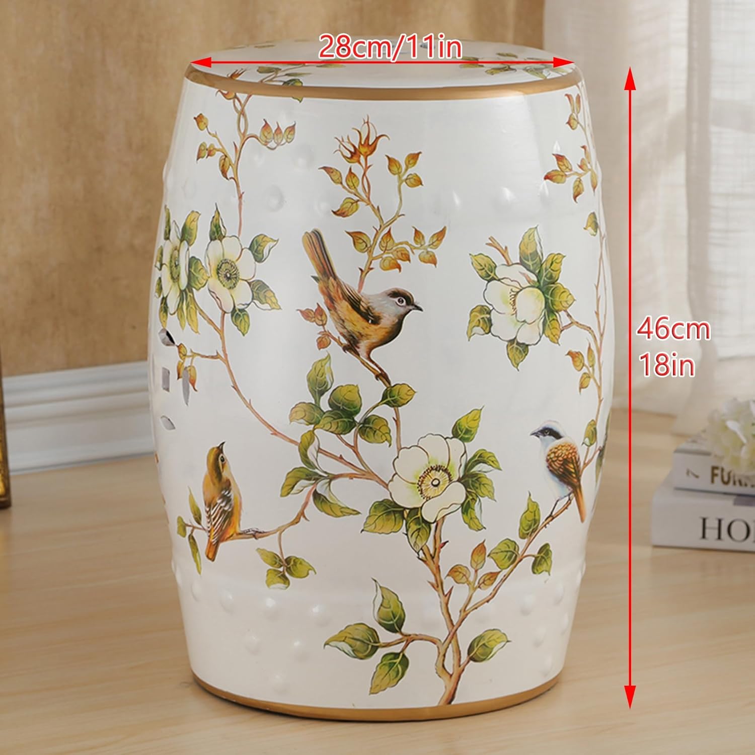Ceramic Garden Stool,Chinoiserie Decor,Chinese Drum Stools,Side Tables Living Room,Glazed Hand-Painted Flower and Bird,Classic,French Country,for Indoor,Outdoor,Terrace,Patio,Cottage(White)