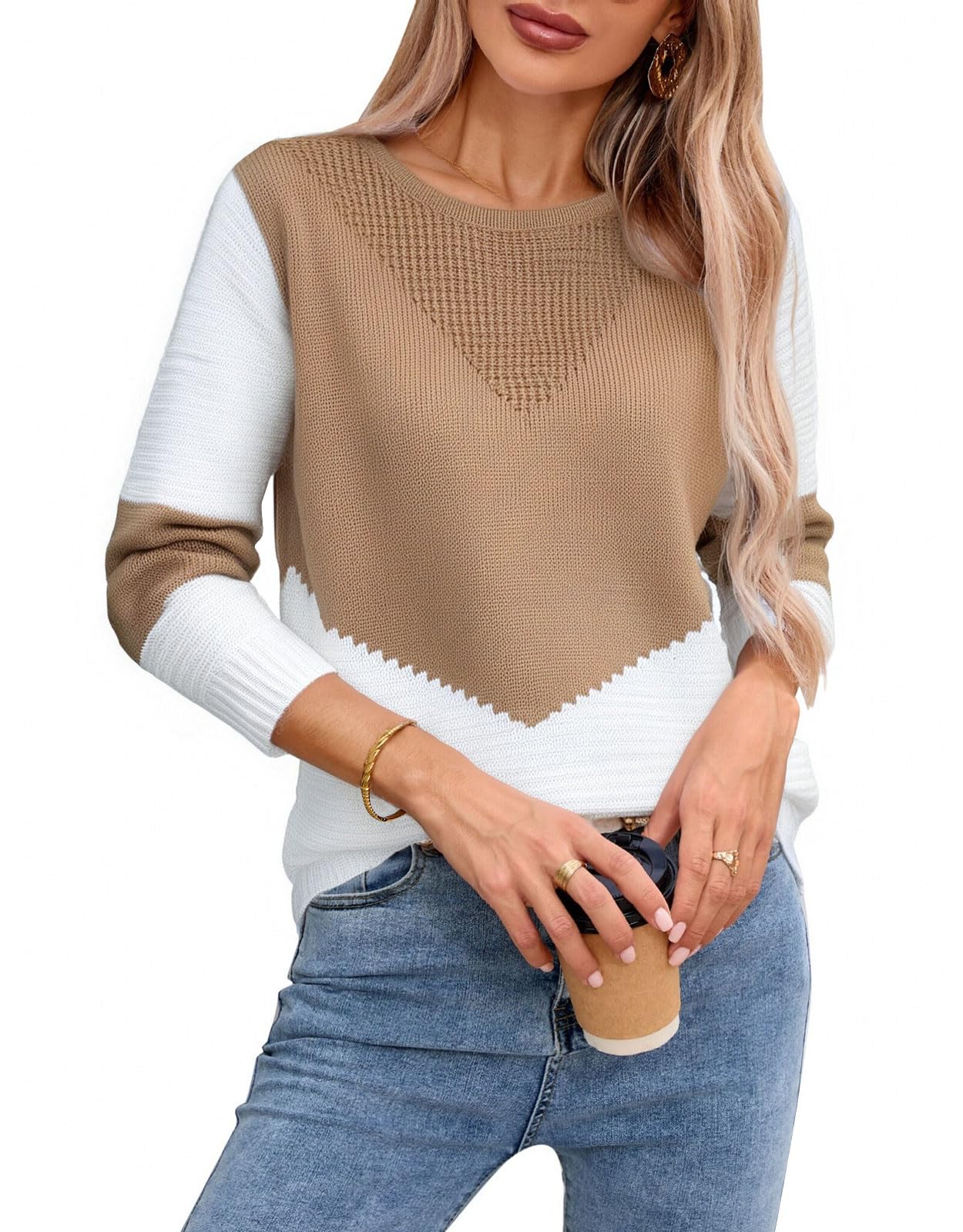 shermie Womens Color Block Pullover Sweaters Long Sleeve Crew Neck Loose Casual Sweater