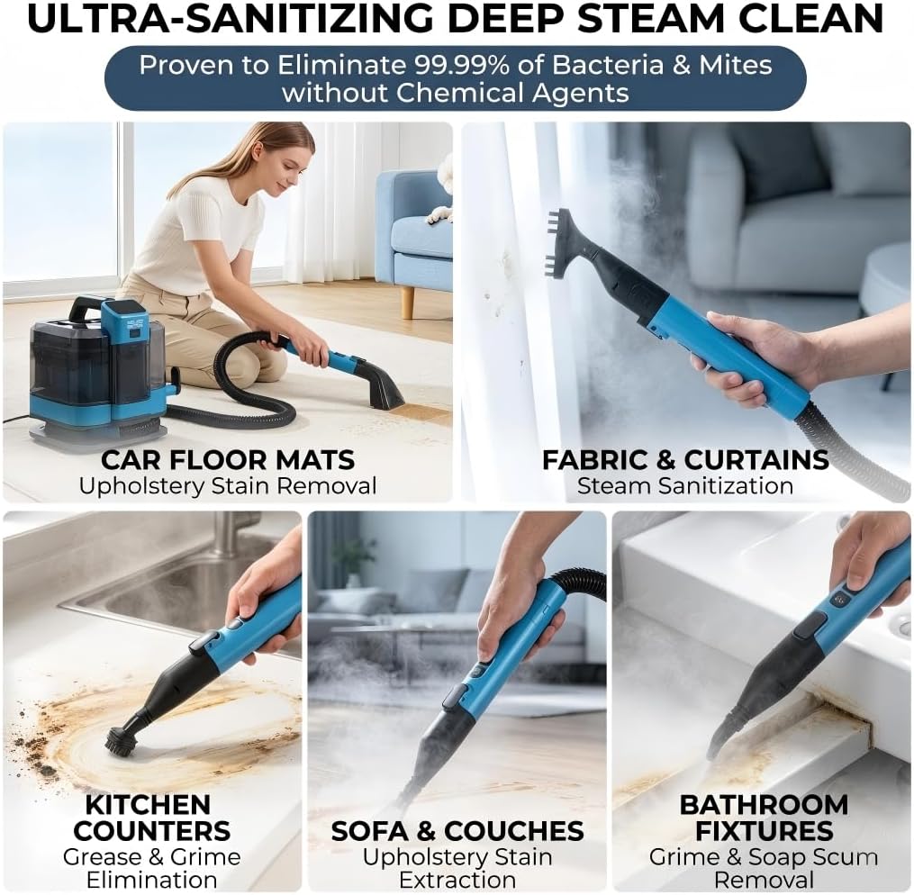 HAUSMEISTER Portable Carpet Spot Cleaner with Steam, 1600W Upholstery Cleaner Machine, 12KPa Strong Suction, Cold/Hot/Steam Modes, Self-Cleaning, for Couch, Car Seats & Rugs