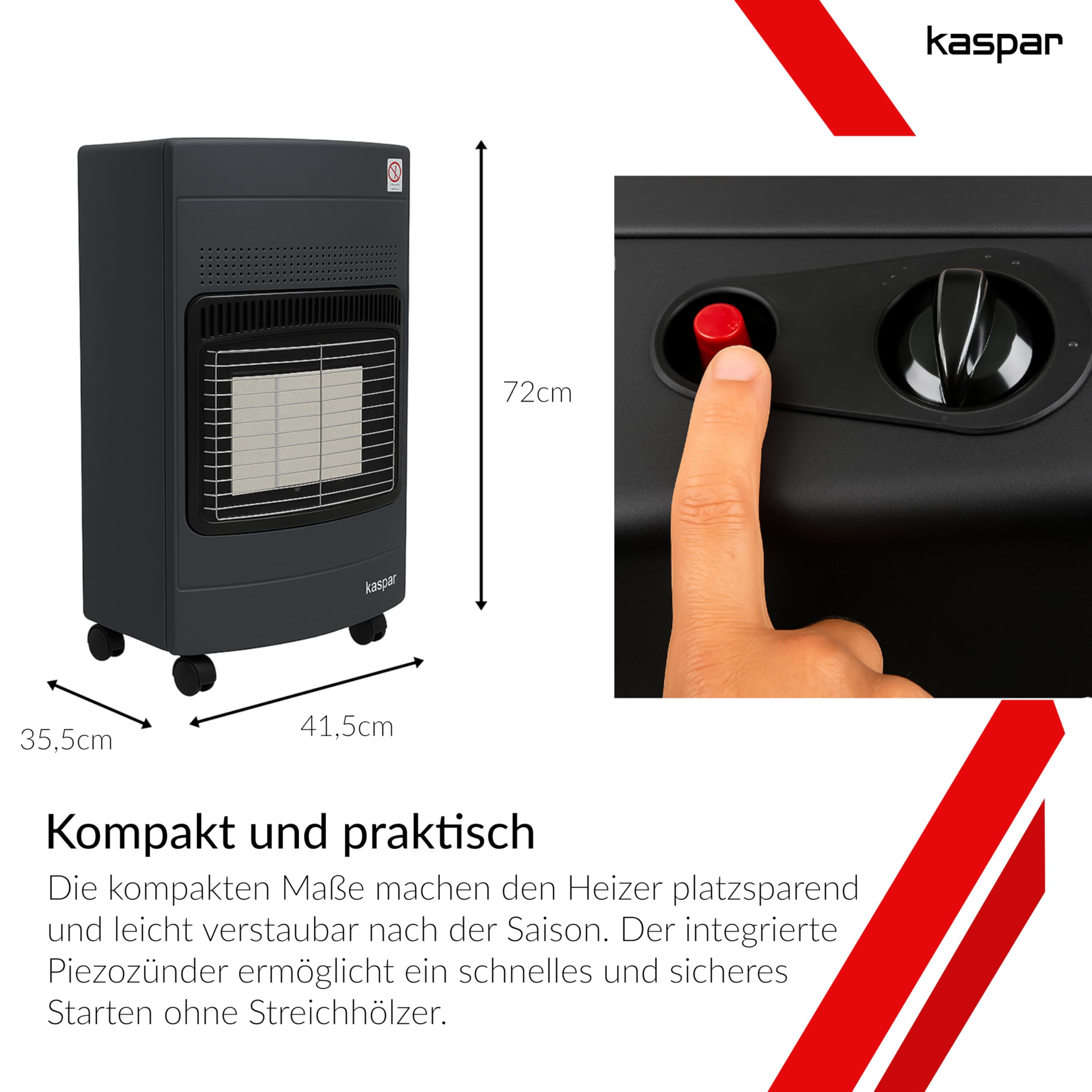 Kaspar Gasheizer Mit Gasdruckregler Gasschlauch Gasheizofen Heizstrahler 1500 2800 4200 W Gasheizung Für Innenräume Außen Terrasse Camping Zelt Für Fläche Bis 60 m2