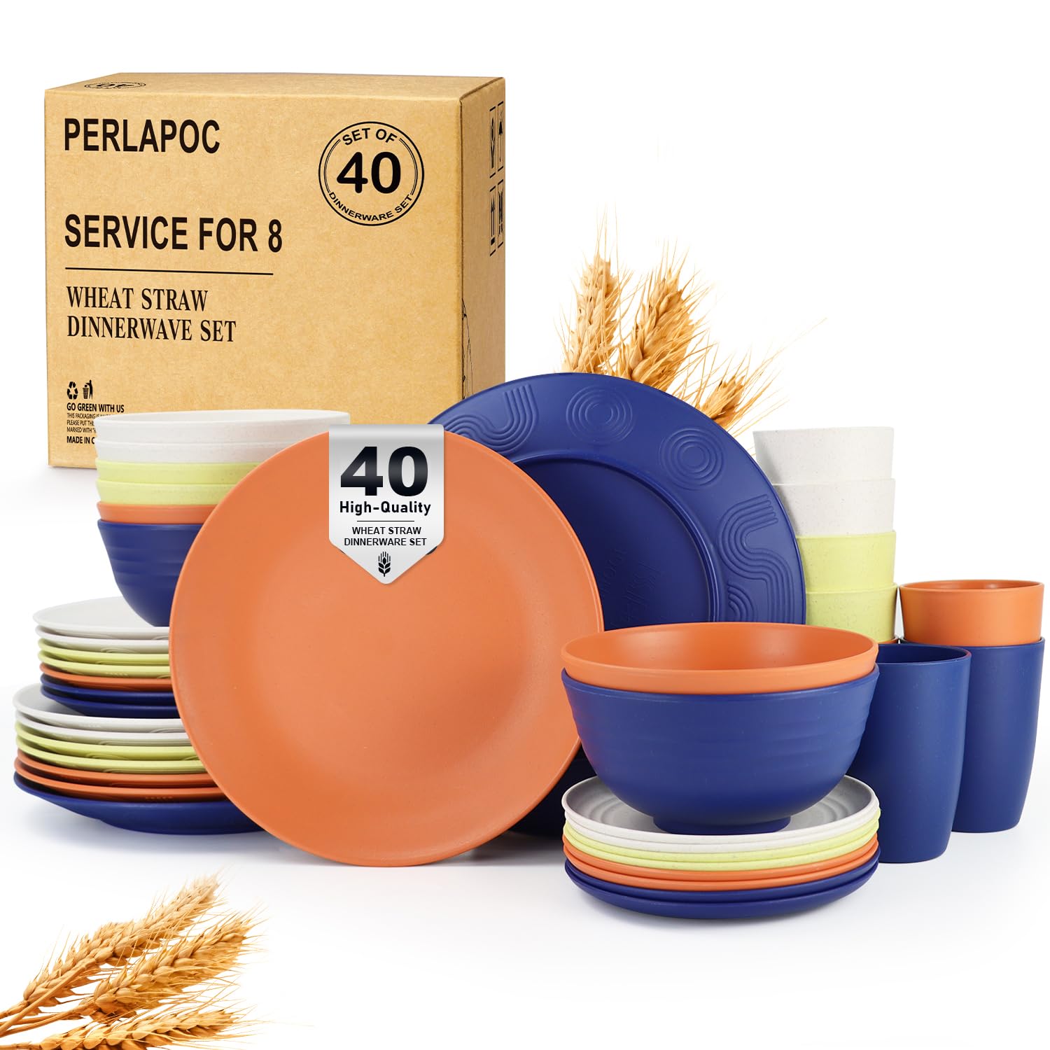 Wheat Straw Dinnerware Sets 40 PCS - Dishes Set for 8 Unbreakable Plates and Bowls Sets with Cups Dishwasher &amp; Microwave Safe Lightweight Dinnerware for Kitchen Camping RV - Mondrian Colors