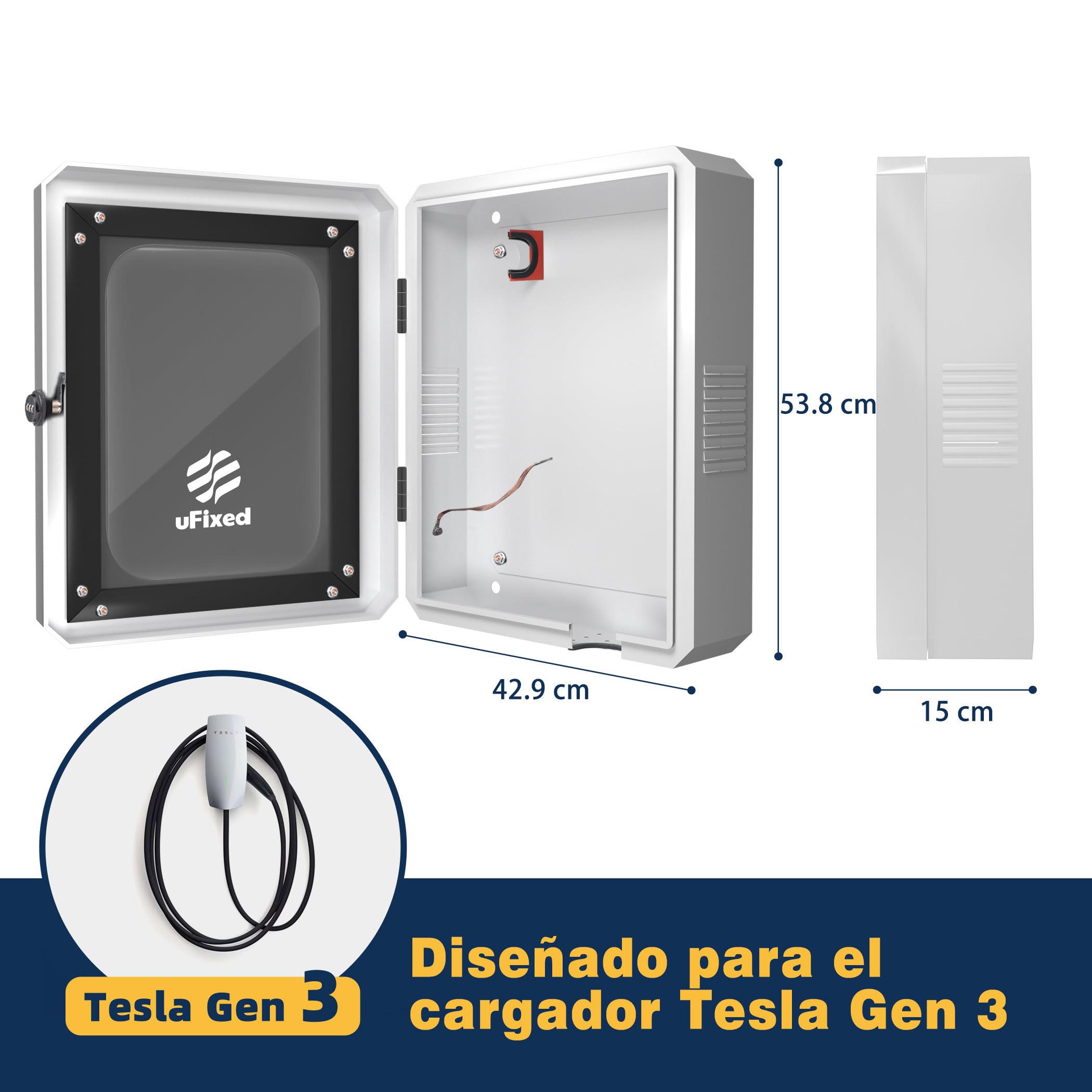 Caja de Protección de Pared para Tesla Wall Connector Gen 3 – Resistente a la Lluvia, con Cerradura, Ventana y Ventilación – Caja Exterior para Cargador de Coche Eléctrico，Blanca